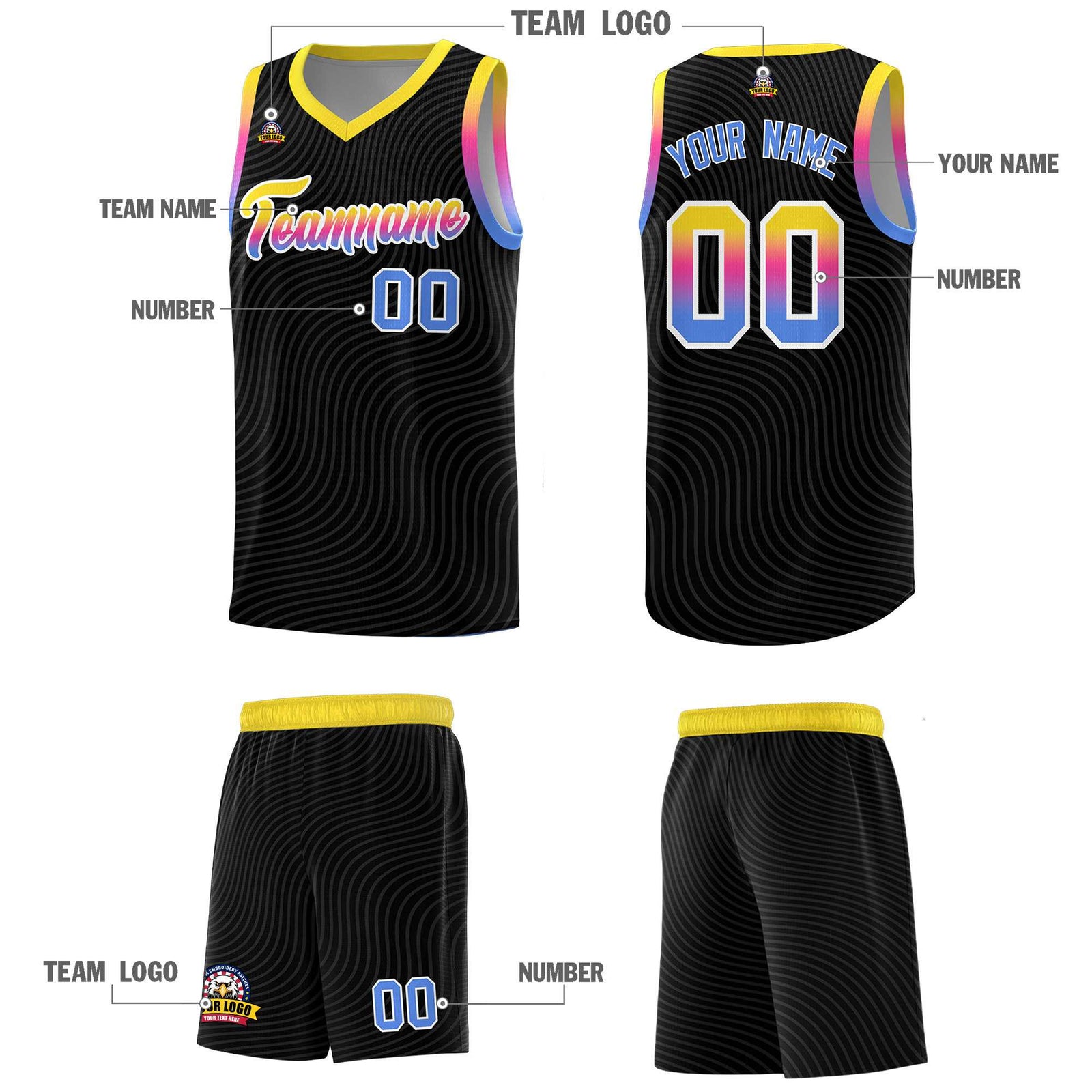 Custom Black Gold Wave Pattern Sports Uniform Basketball Jersey
