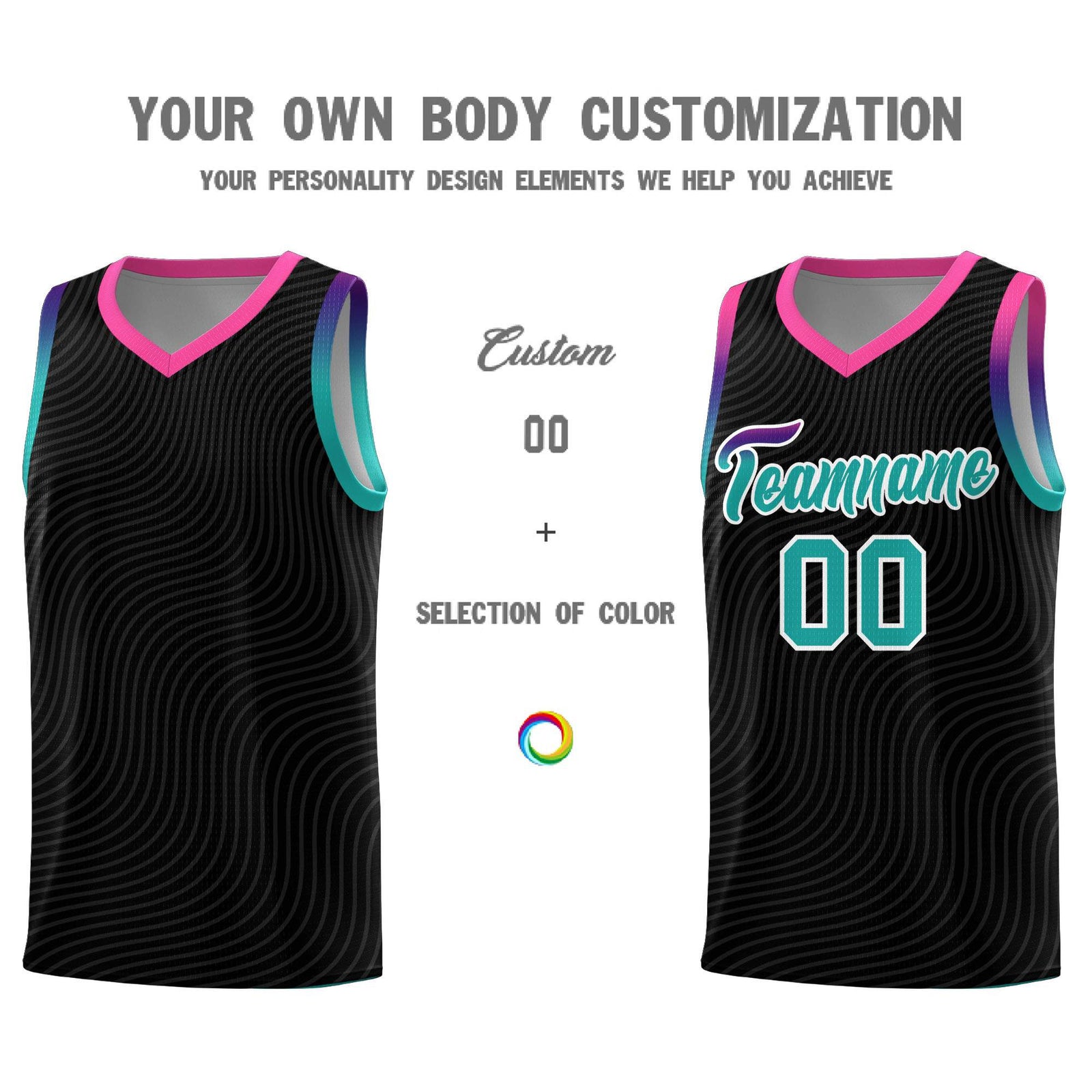 Custom Black Pink Wave Pattern Sports Uniform Basketball Jersey