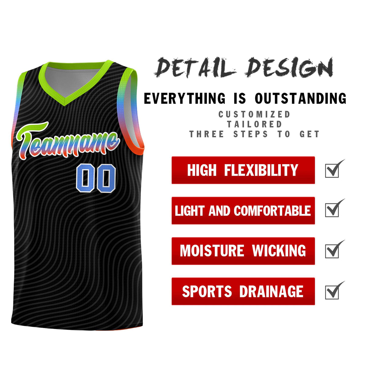 Custom Black Neon Green Wave Pattern Sports Uniform Basketball Jersey