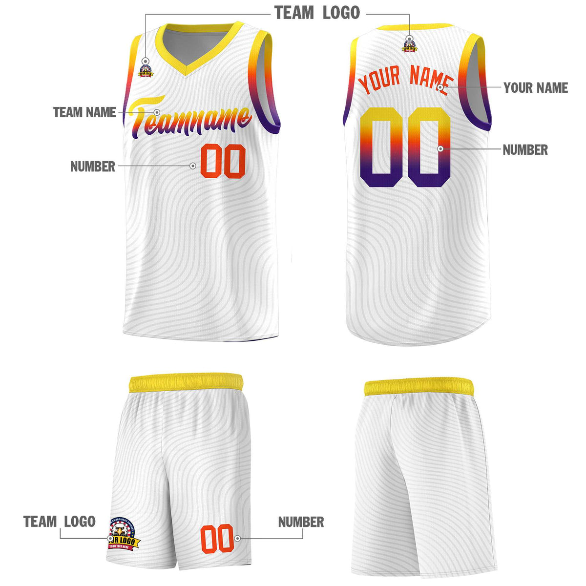 Custom White Gold Wave Pattern Sports Uniform Basketball Jersey