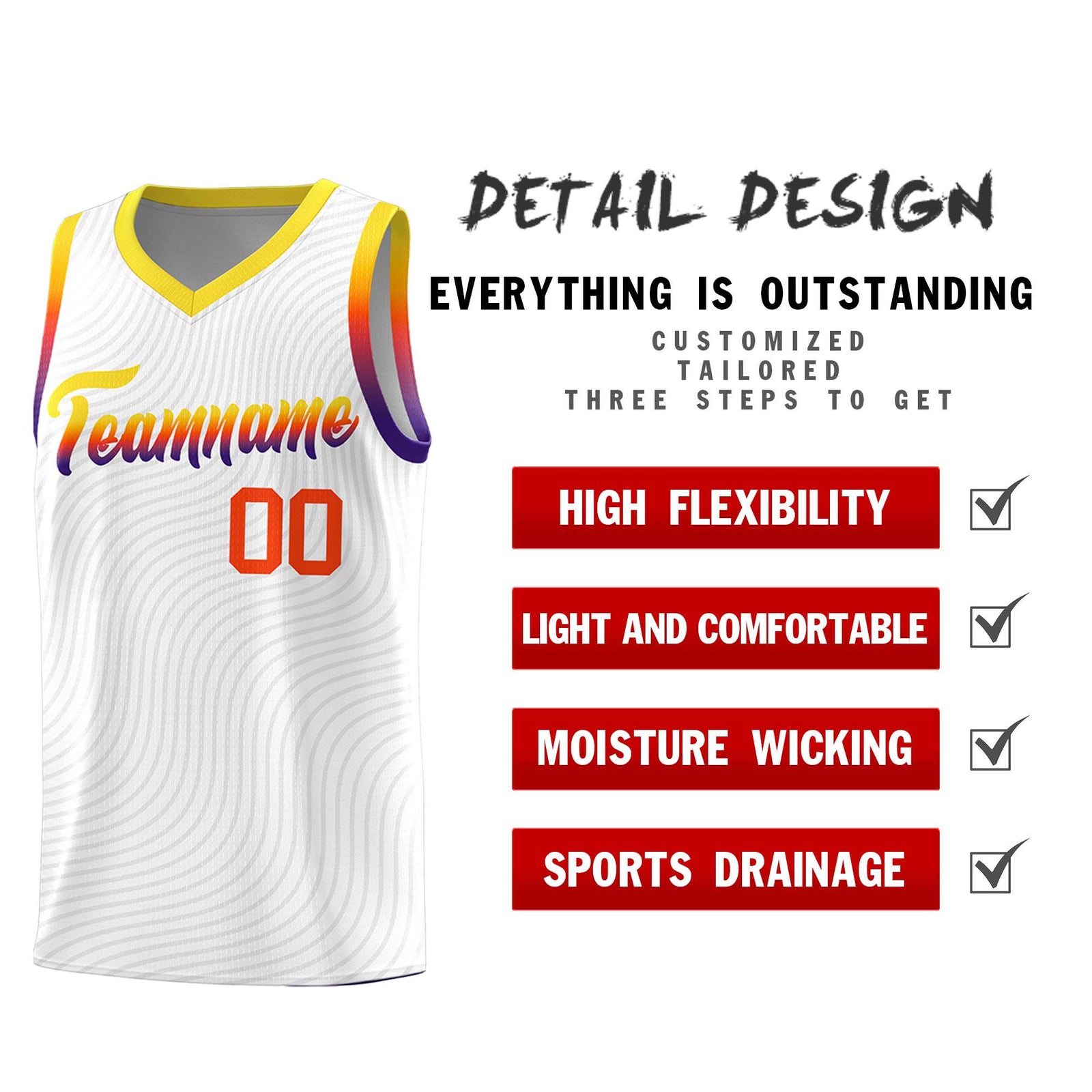 Custom White Gold Wave Pattern Sports Uniform Basketball Jersey