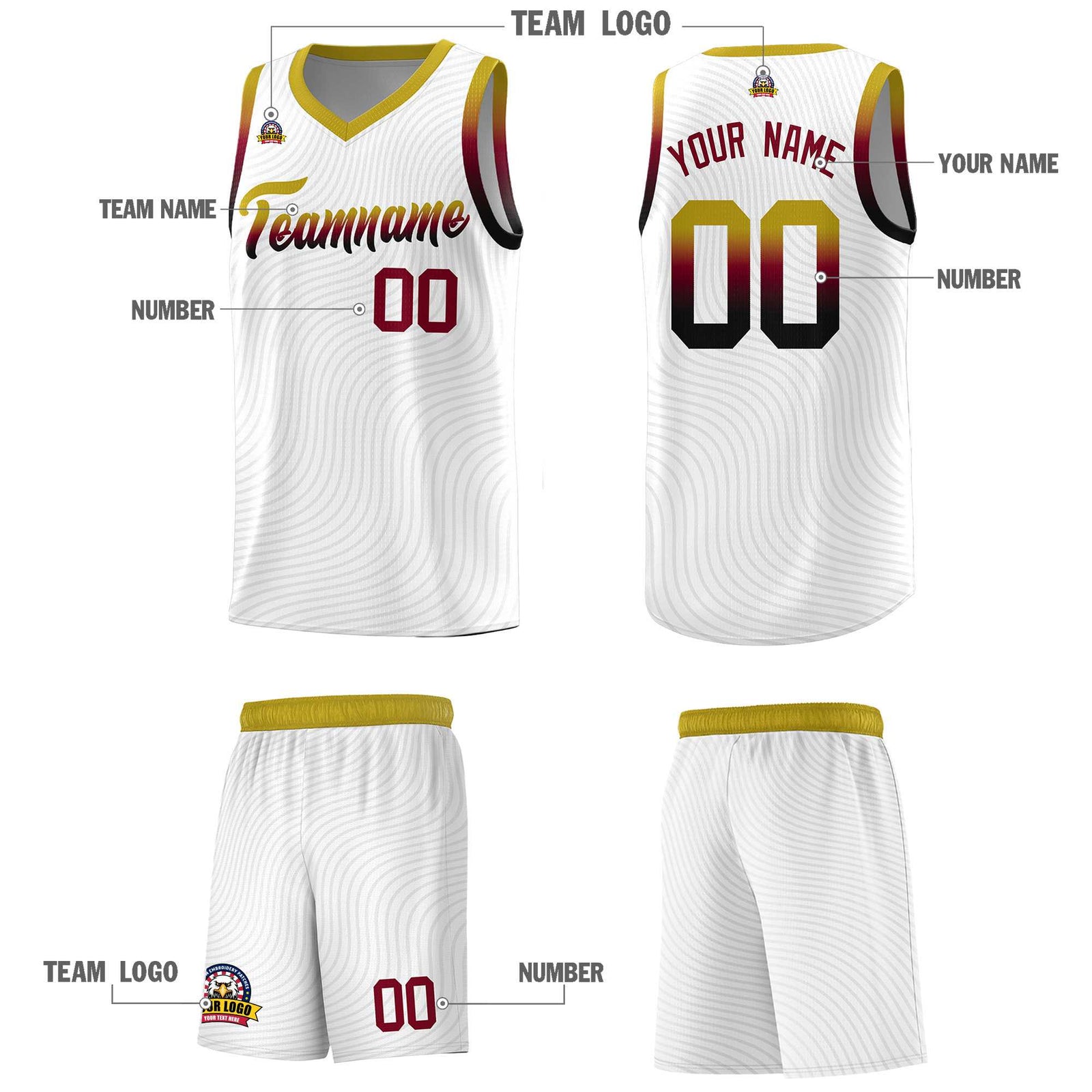 Custom White Old Gold Wave Pattern Sports Uniform Basketball Jersey