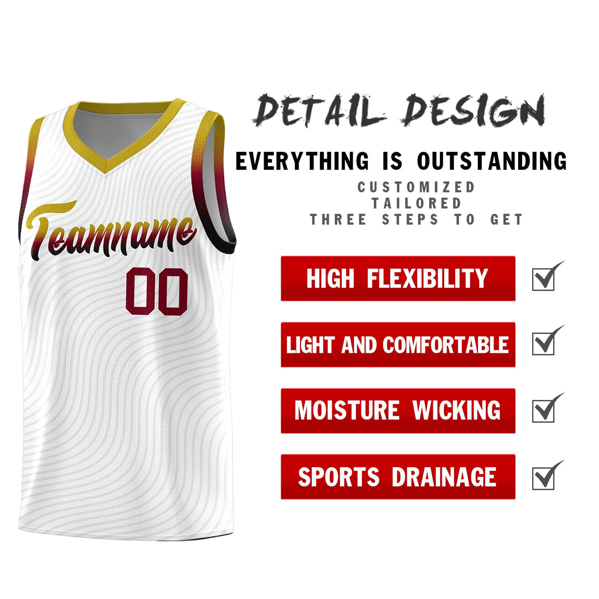 Custom White Old Gold Wave Pattern Sports Uniform Basketball Jersey