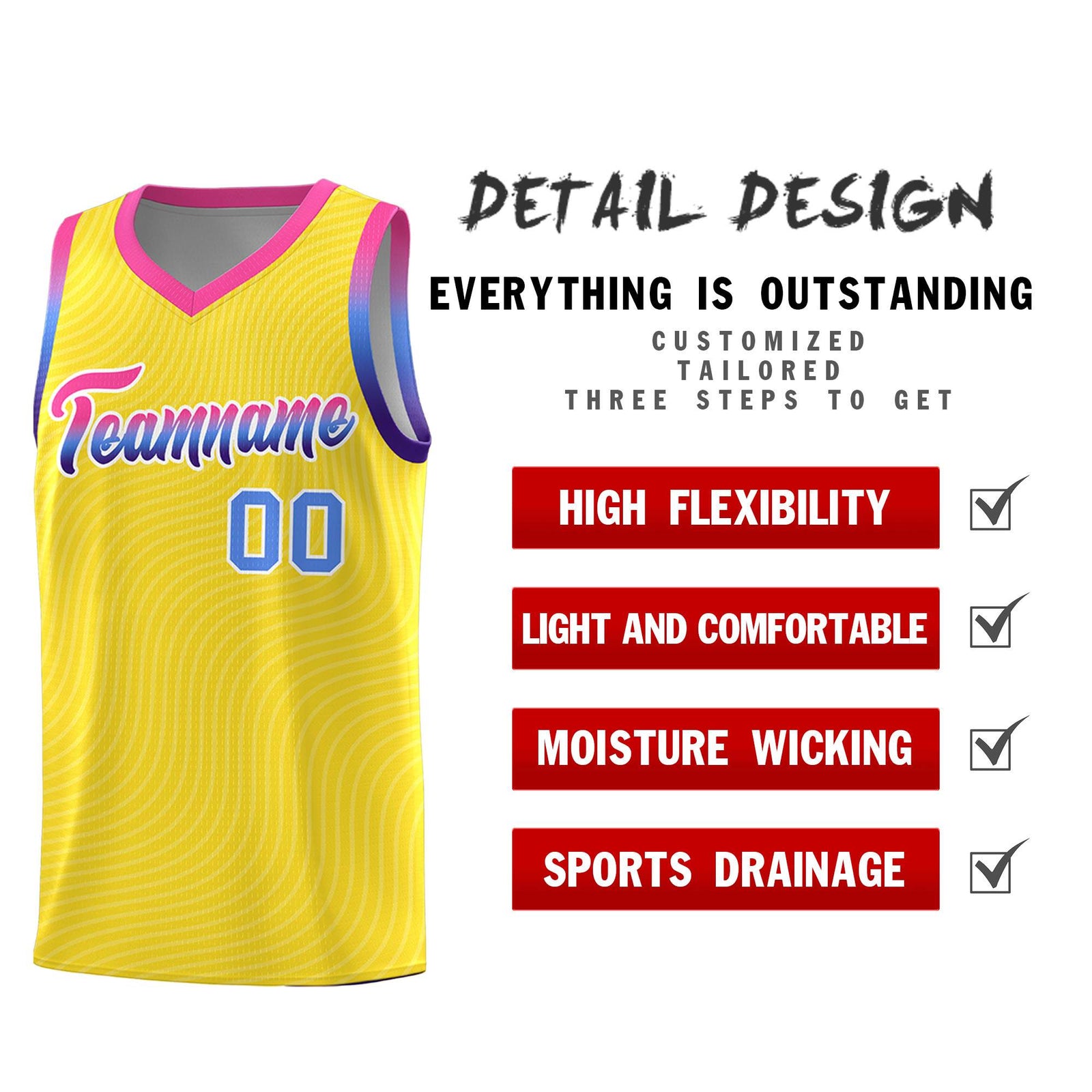 Custom Gold Pink Wave Pattern Sports Uniform Basketball Jersey