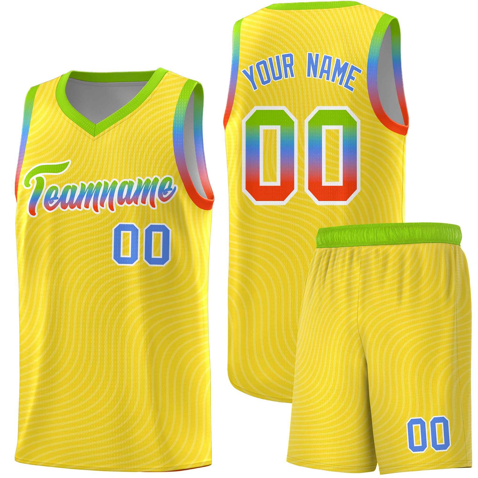 Custom Gold Neon Green Wave Pattern Sports Uniform Basketball Jersey