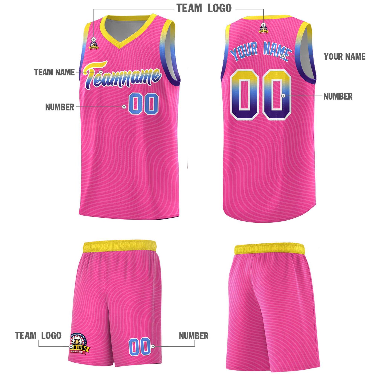 Custom Pink Gold Wave Pattern Sports Uniform Basketball Jersey