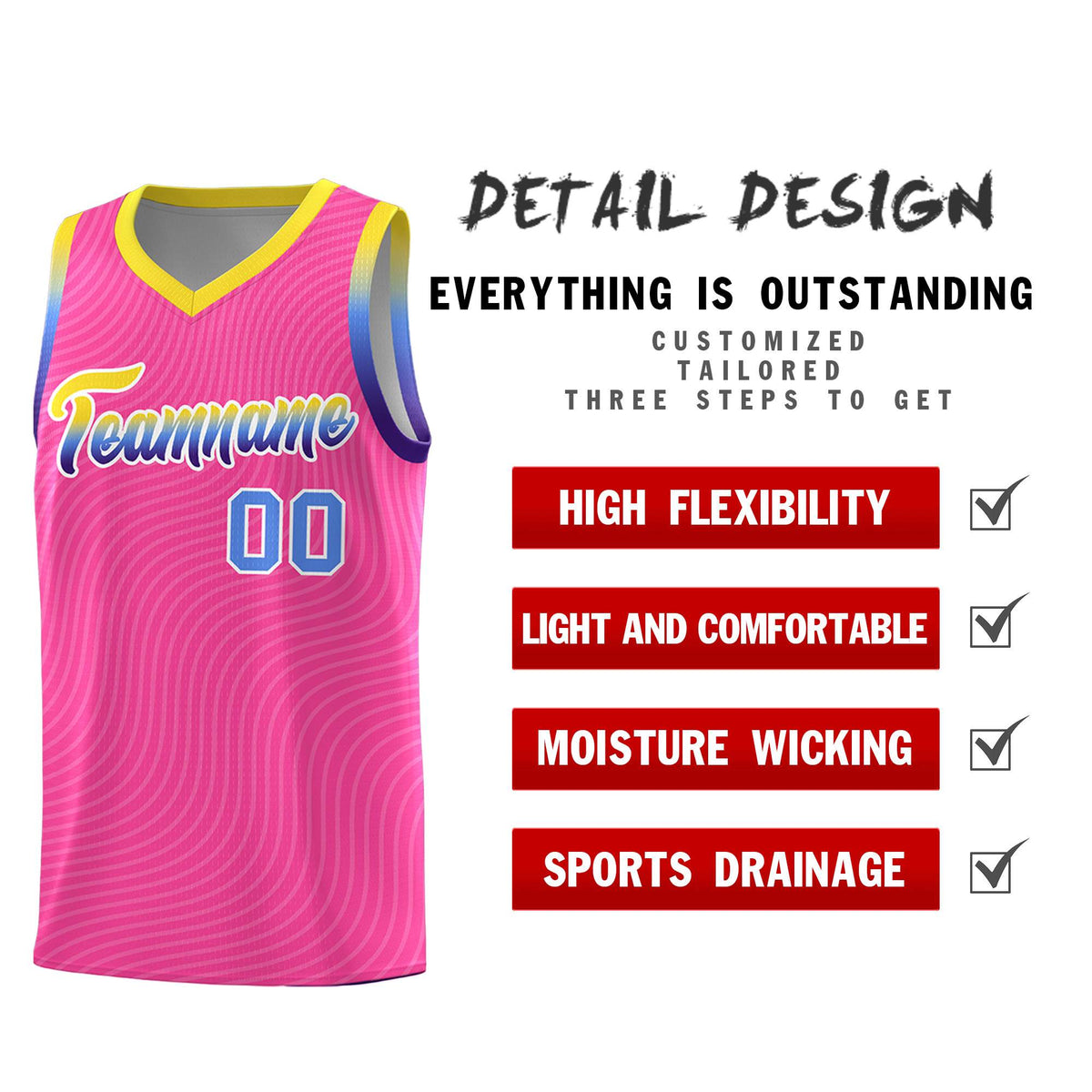 Custom Pink Gold Wave Pattern Sports Uniform Basketball Jersey