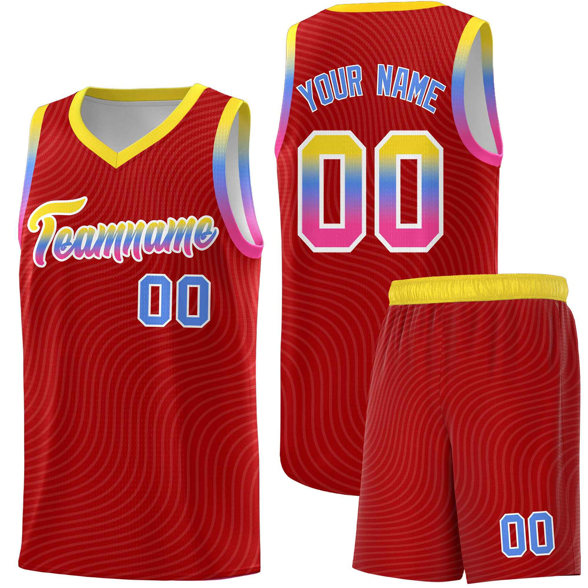 Custom Red Gold Wave Pattern Sports Uniform Basketball Jersey