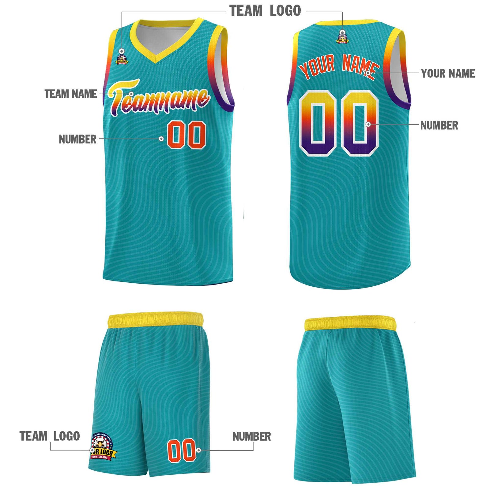Custom Aqua Gold Wave Pattern Sports Uniform Basketball Jersey
