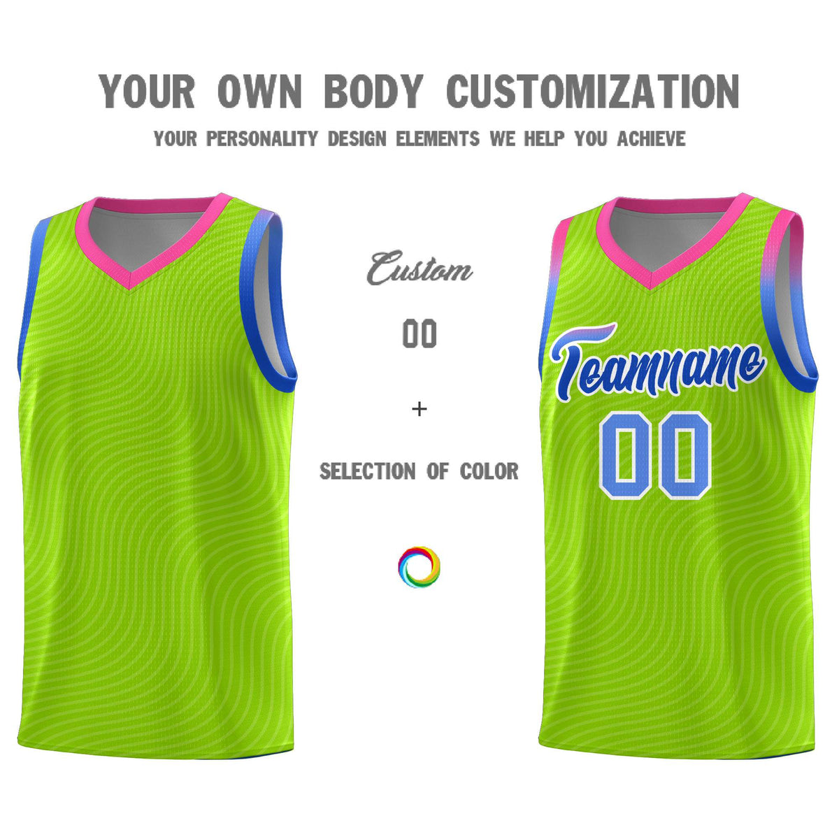 Custom Neon Green Pink Wave Pattern Sports Uniform Basketball Jersey