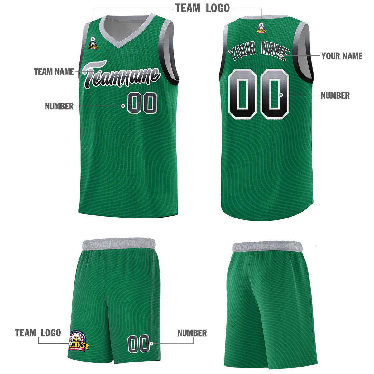 Custom Kelly Green Gray Wave Pattern Sports Uniform Basketball Jersey