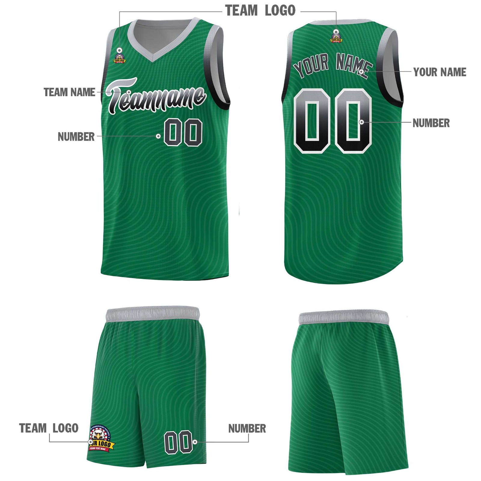 Custom Kelly Green Gray Wave Pattern Sports Uniform Basketball Jersey