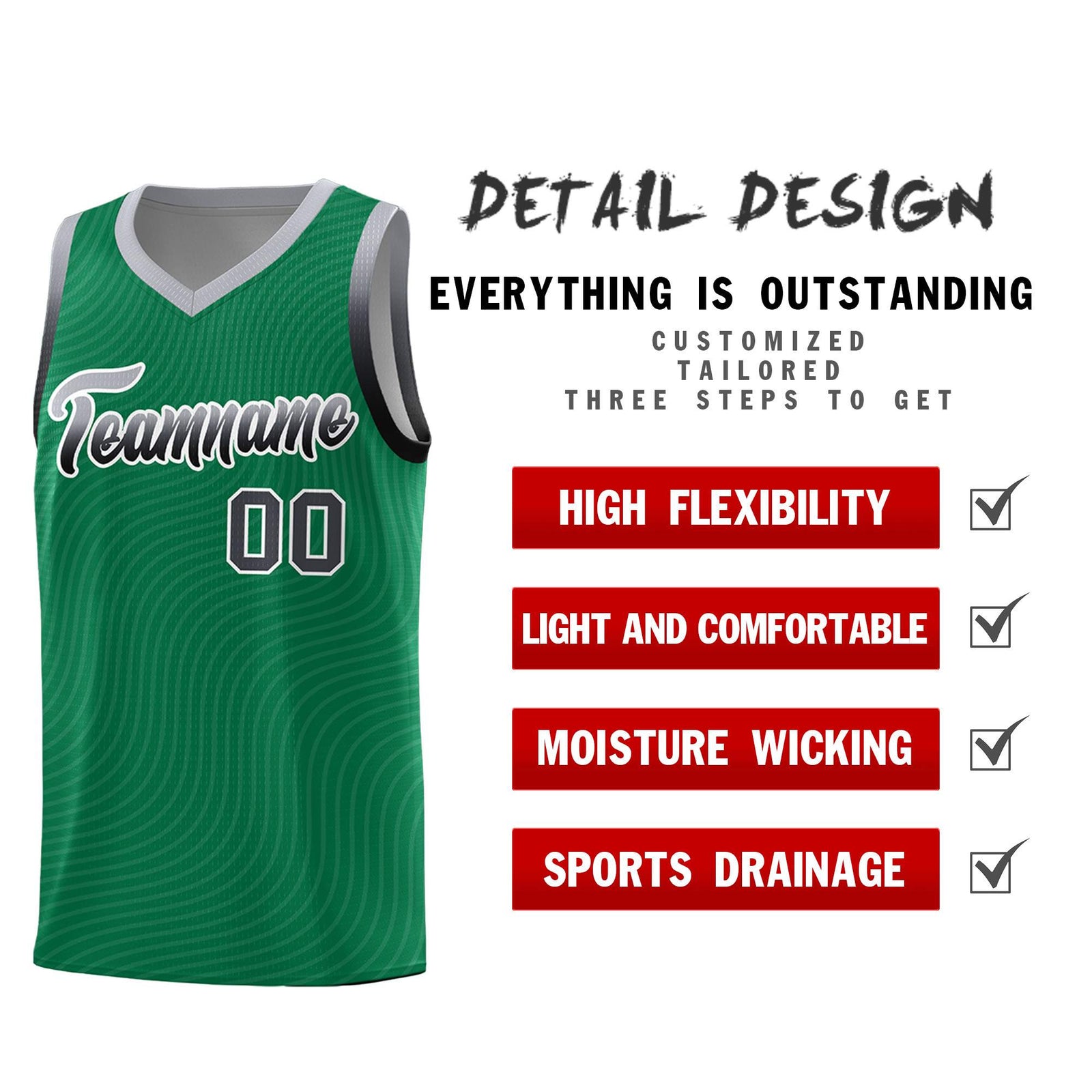 Custom Kelly Green Gray Wave Pattern Sports Uniform Basketball Jersey