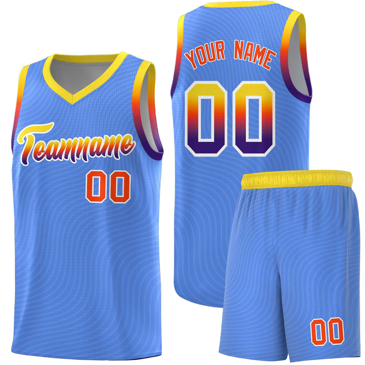 Custom Light Blue Gold Wave Pattern Sports Uniform Basketball Jersey