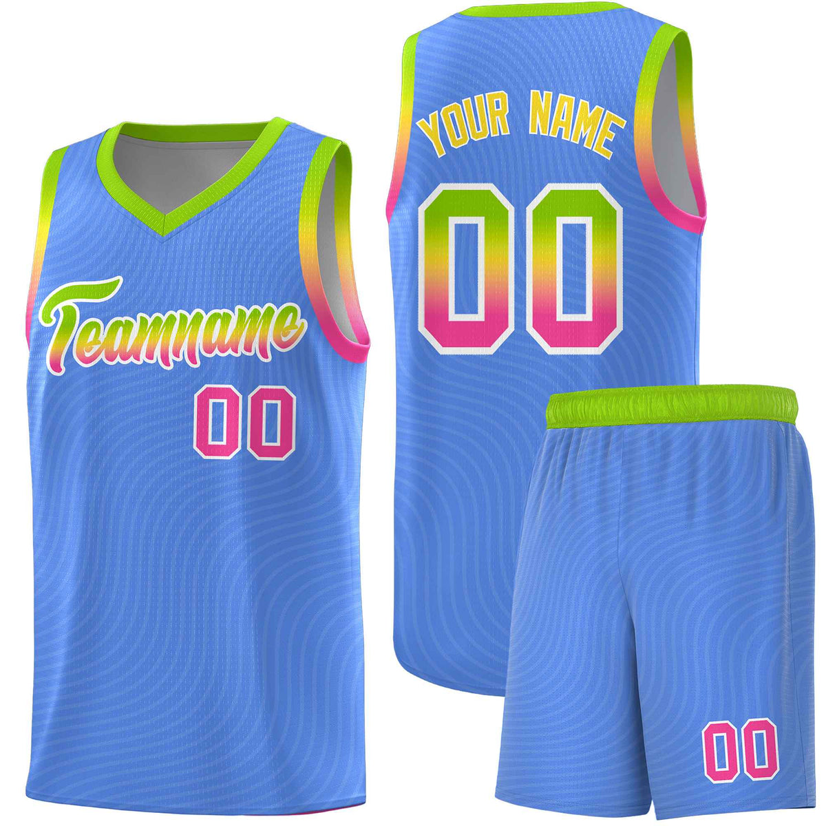 Custom Light Blue Neon Green Wave Pattern Sports Uniform Basketball Jersey