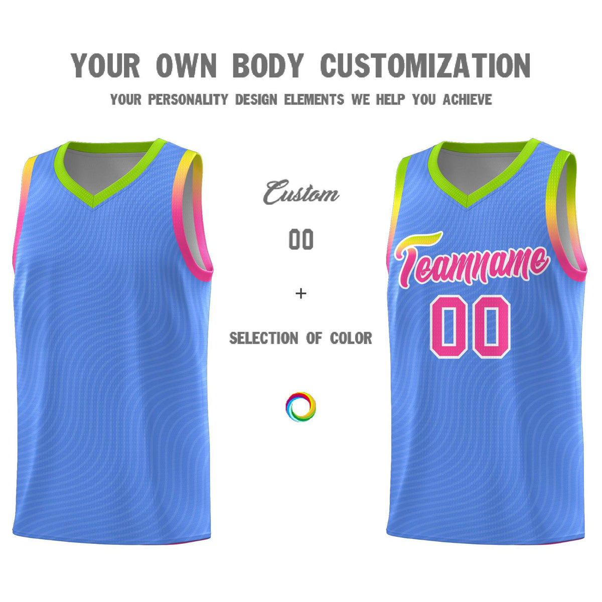 Custom Light Blue Neon Green Wave Pattern Sports Uniform Basketball Jersey