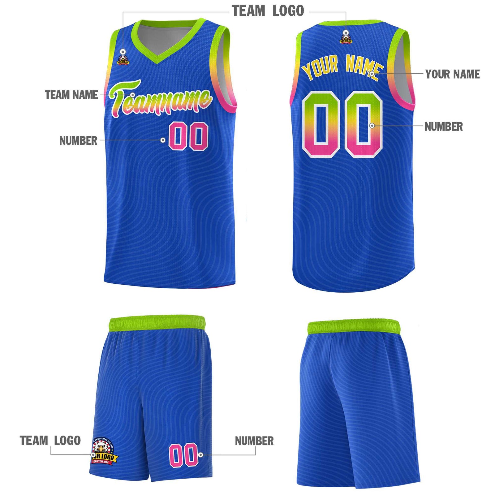 Custom Royal Blue Neon Green Wave Pattern Sports Uniform Basketball Jersey