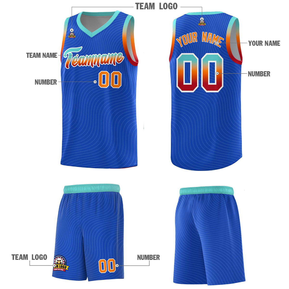 Custom Royal Blue Bright Green Wave Pattern Sports Uniform Basketball Jersey