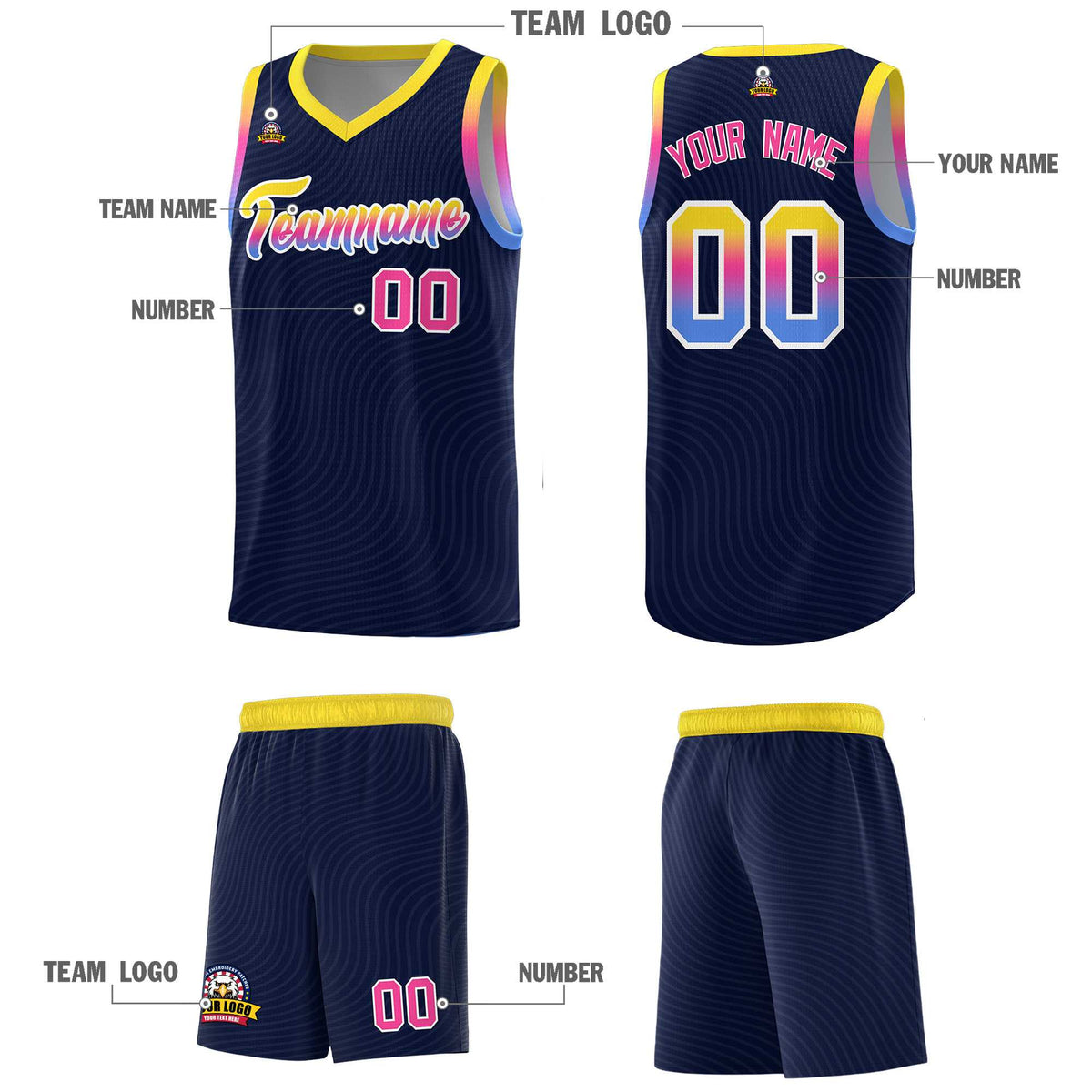 Custom Navy Gold Wave Pattern Sports Uniform Basketball Jersey