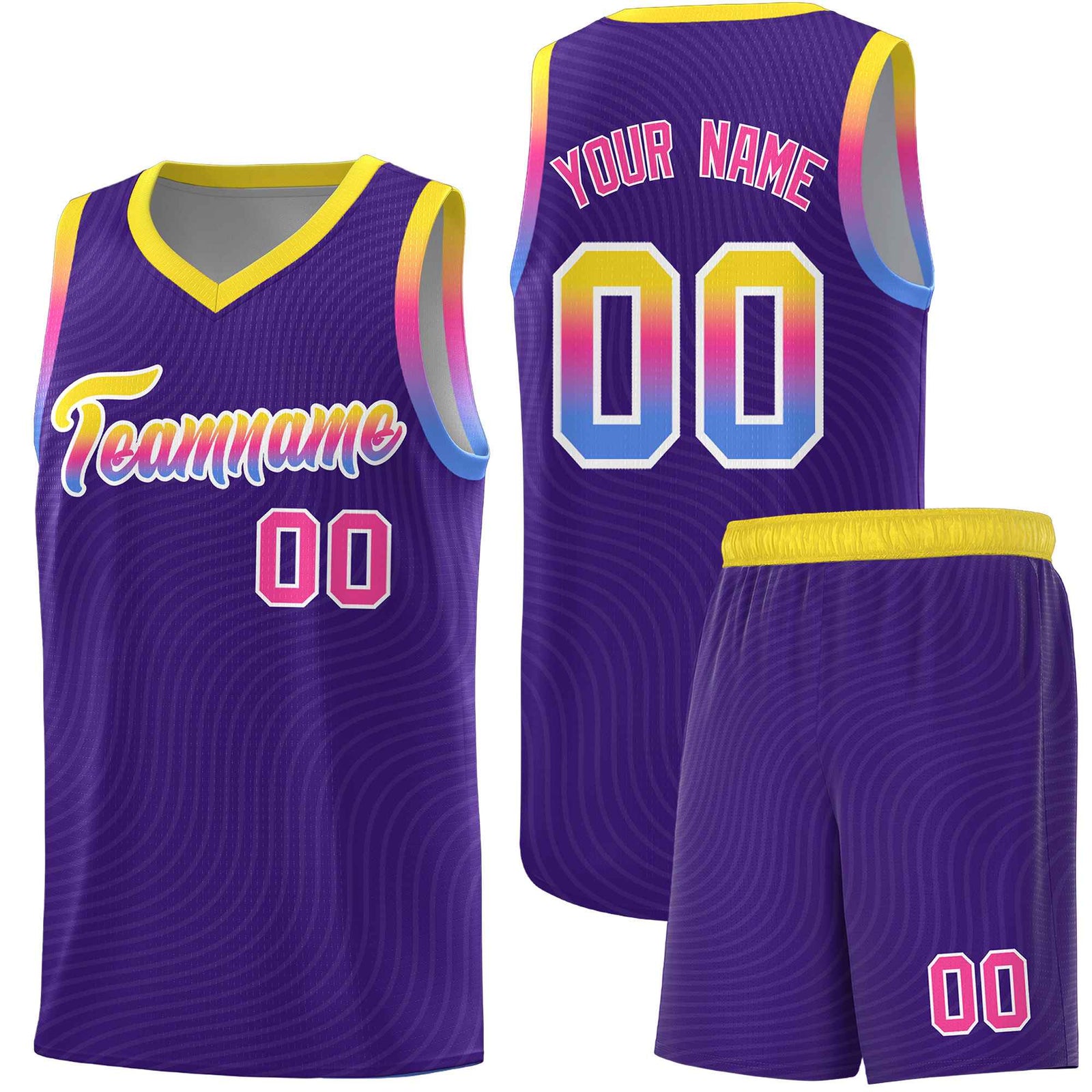 Custom Purple Gold Wave Pattern Sports Uniform Basketball Jersey