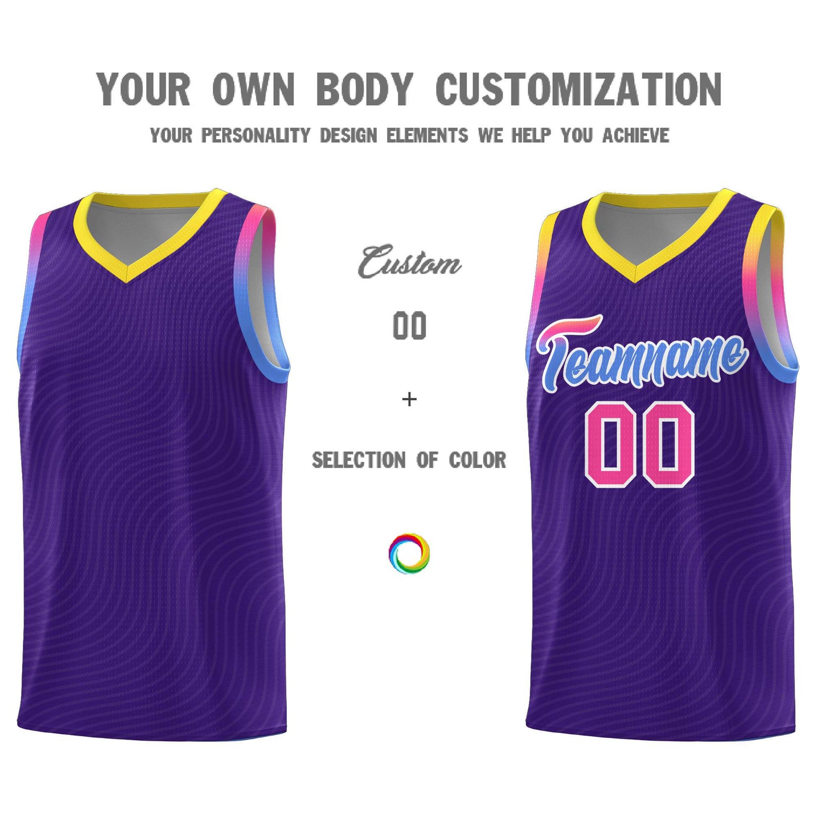 Custom Purple Gold Wave Pattern Sports Uniform Basketball Jersey
