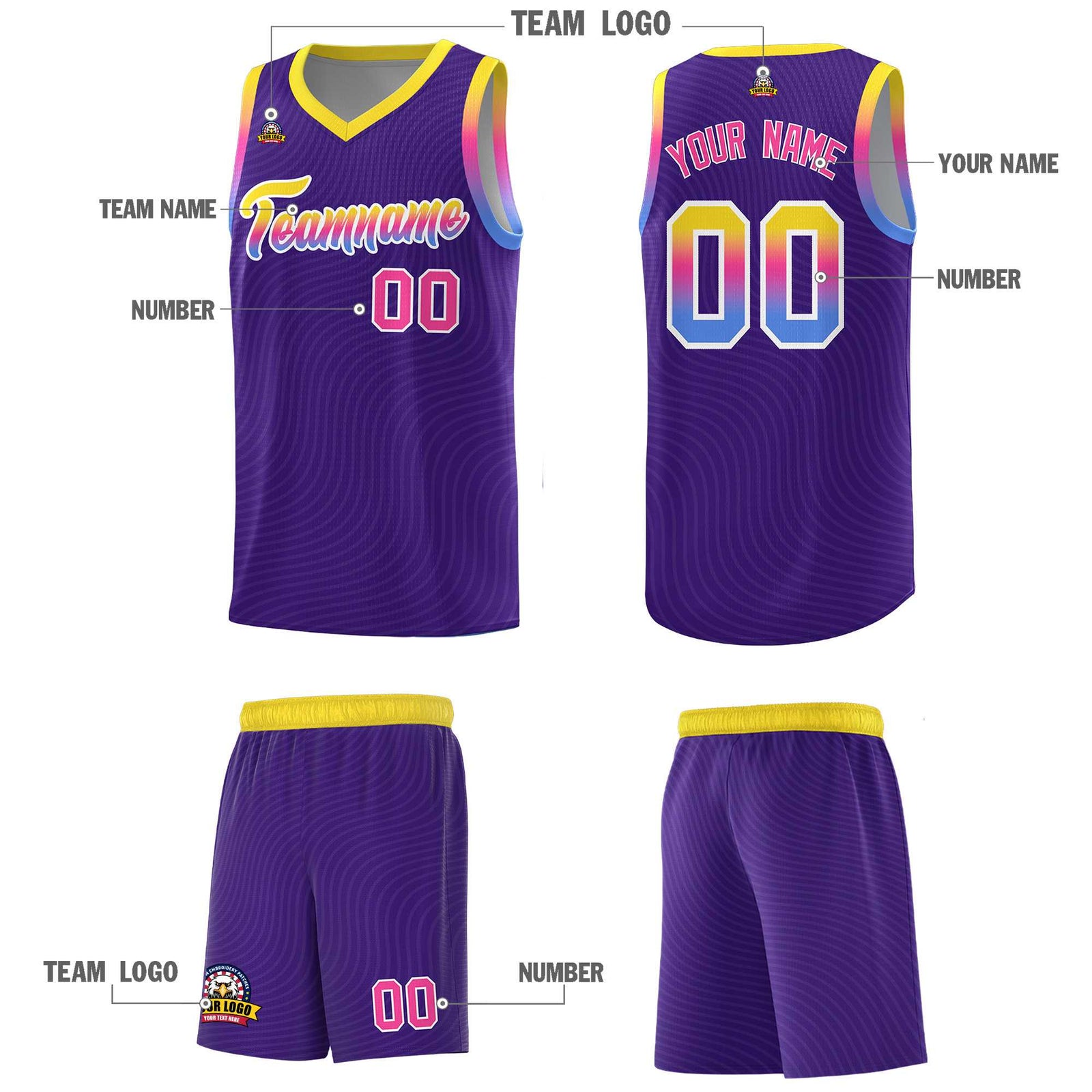 Custom Purple Gold Wave Pattern Sports Uniform Basketball Jersey