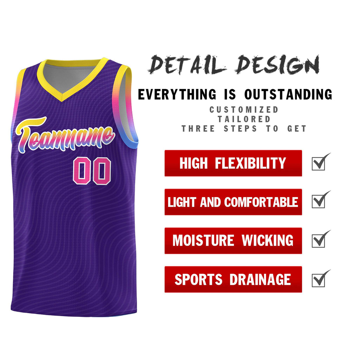Custom Purple Gold Wave Pattern Sports Uniform Basketball Jersey