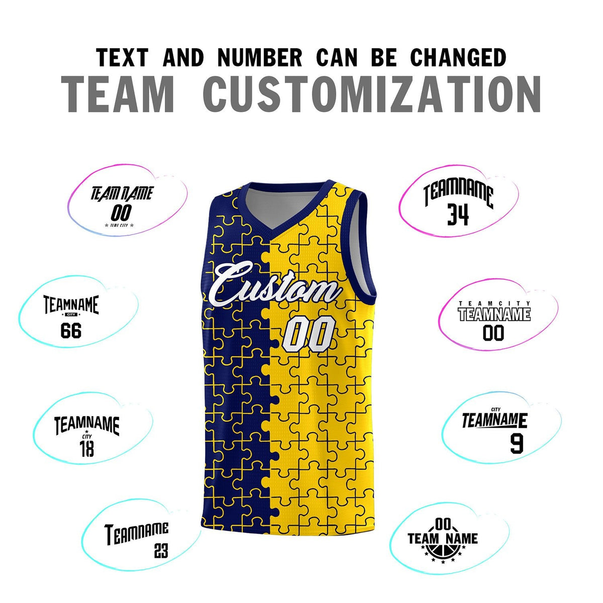 Custom Youth Basketball Jersey Navy Gold Puzzle Pattern Personalized Team Uniform