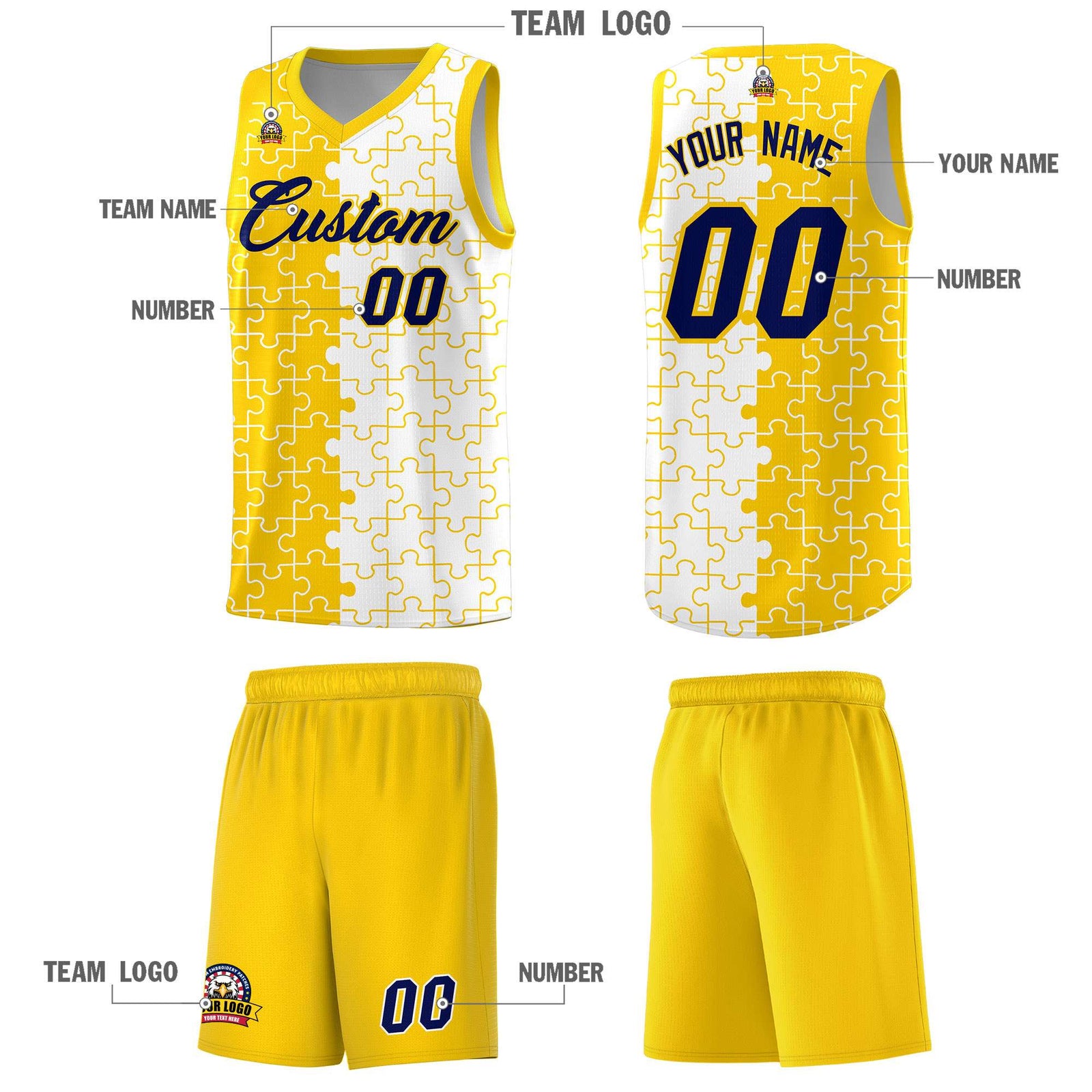 Custom Youth Basketball Jersey Gold White Puzzle Pattern Add Name, Number & Team Logo