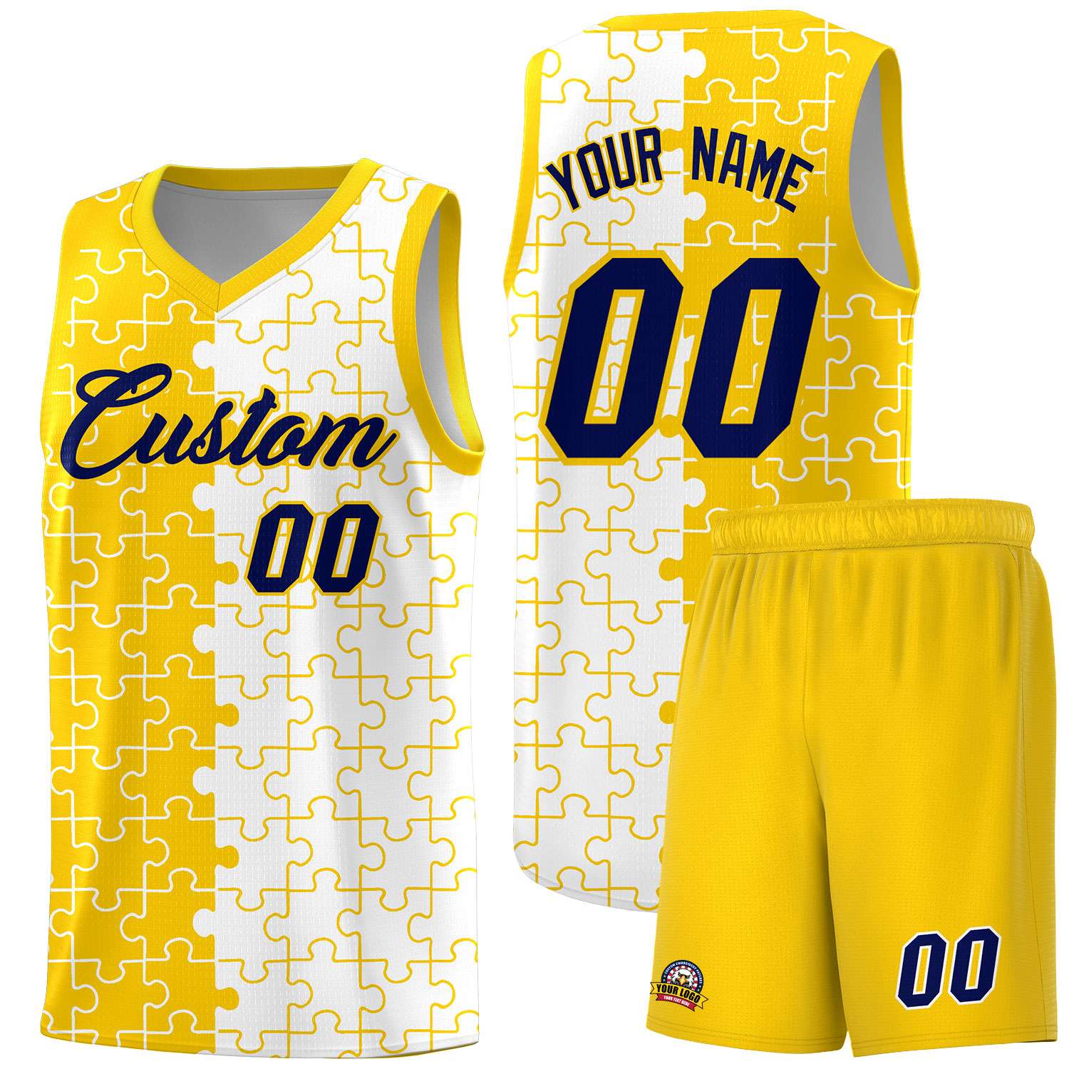Custom Youth Basketball Jersey Gold White Puzzle Pattern Add Name, Number & Team Logo