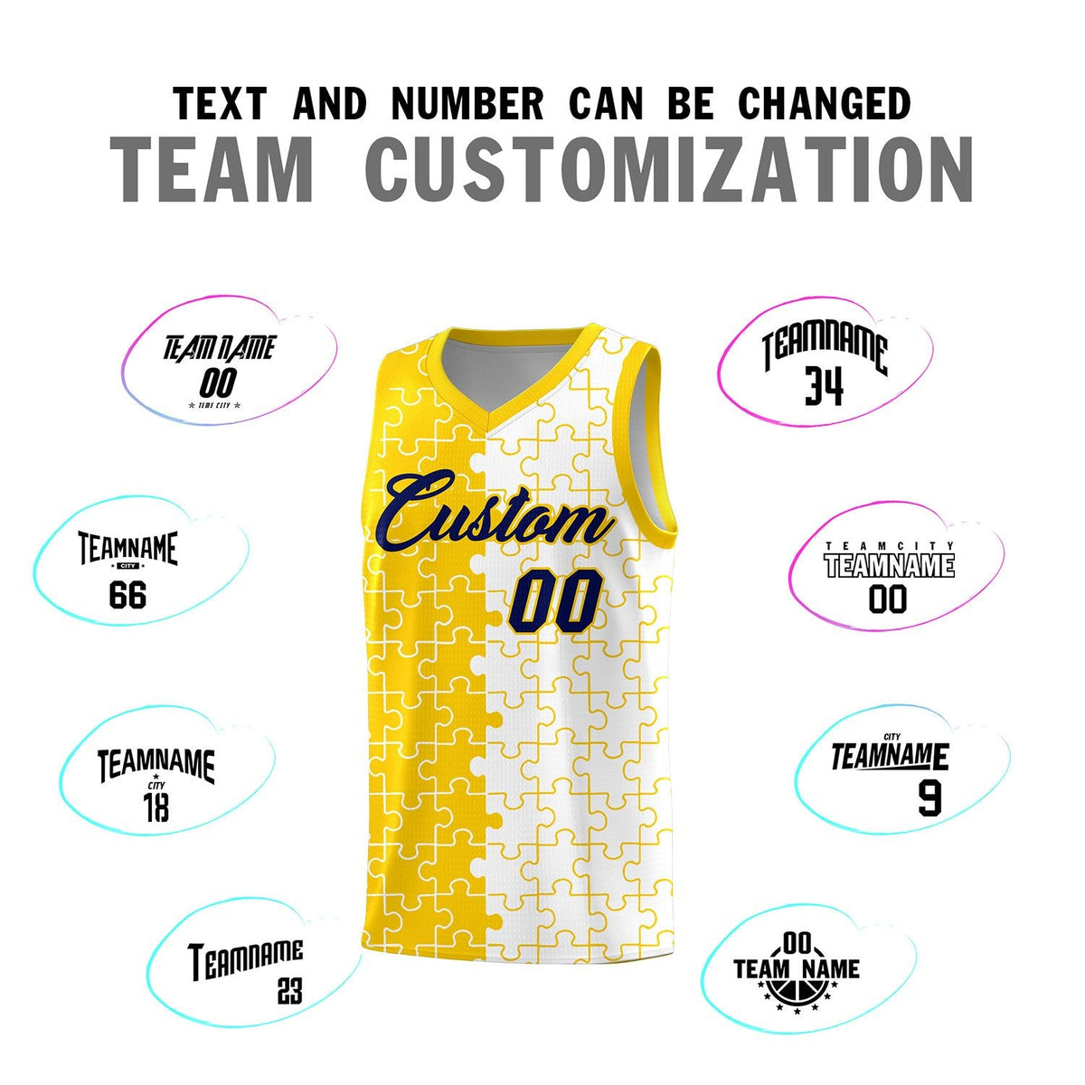 Custom Youth Basketball Jersey Gold White Puzzle Pattern Add Name, Number &amp; Team Logo