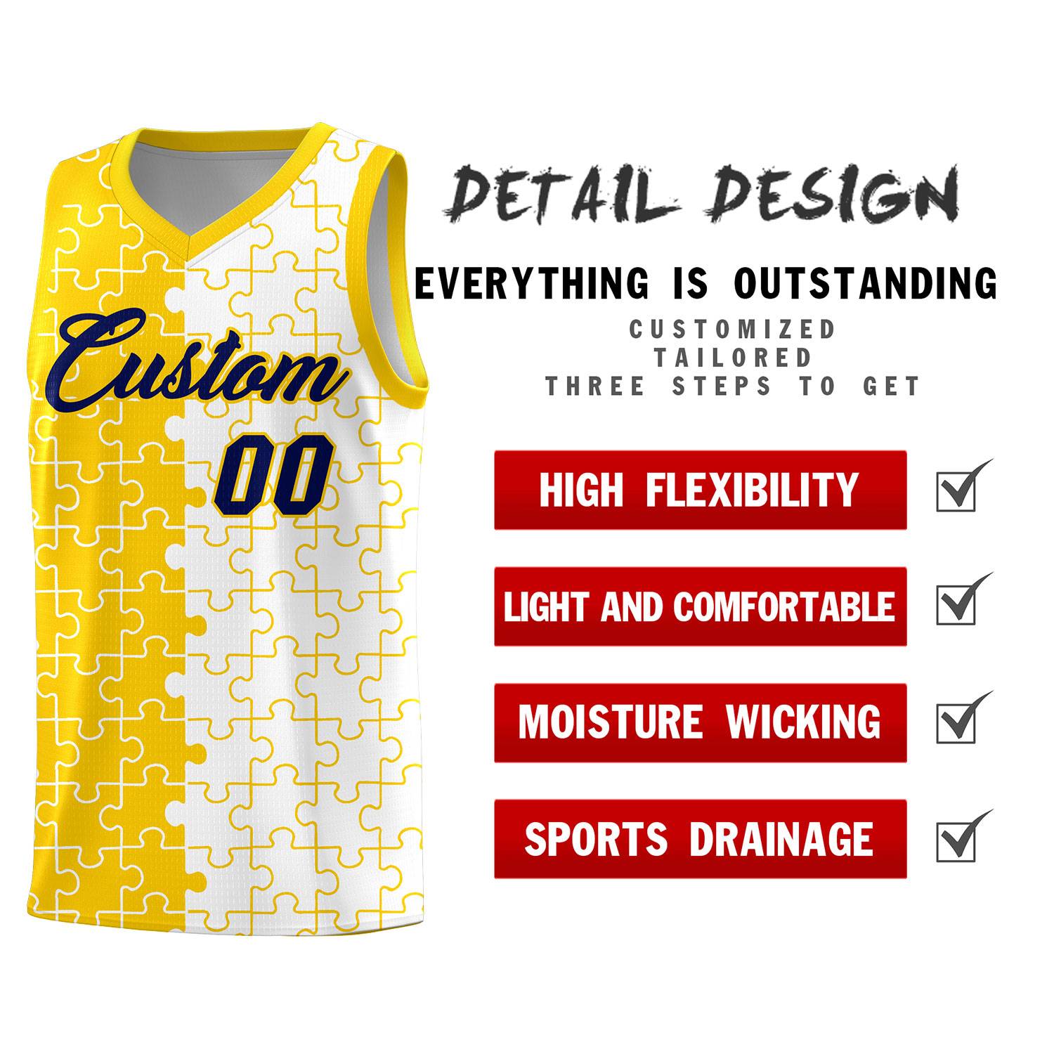 Custom Youth Basketball Jersey Gold White Puzzle Pattern Add Name, Number & Team Logo