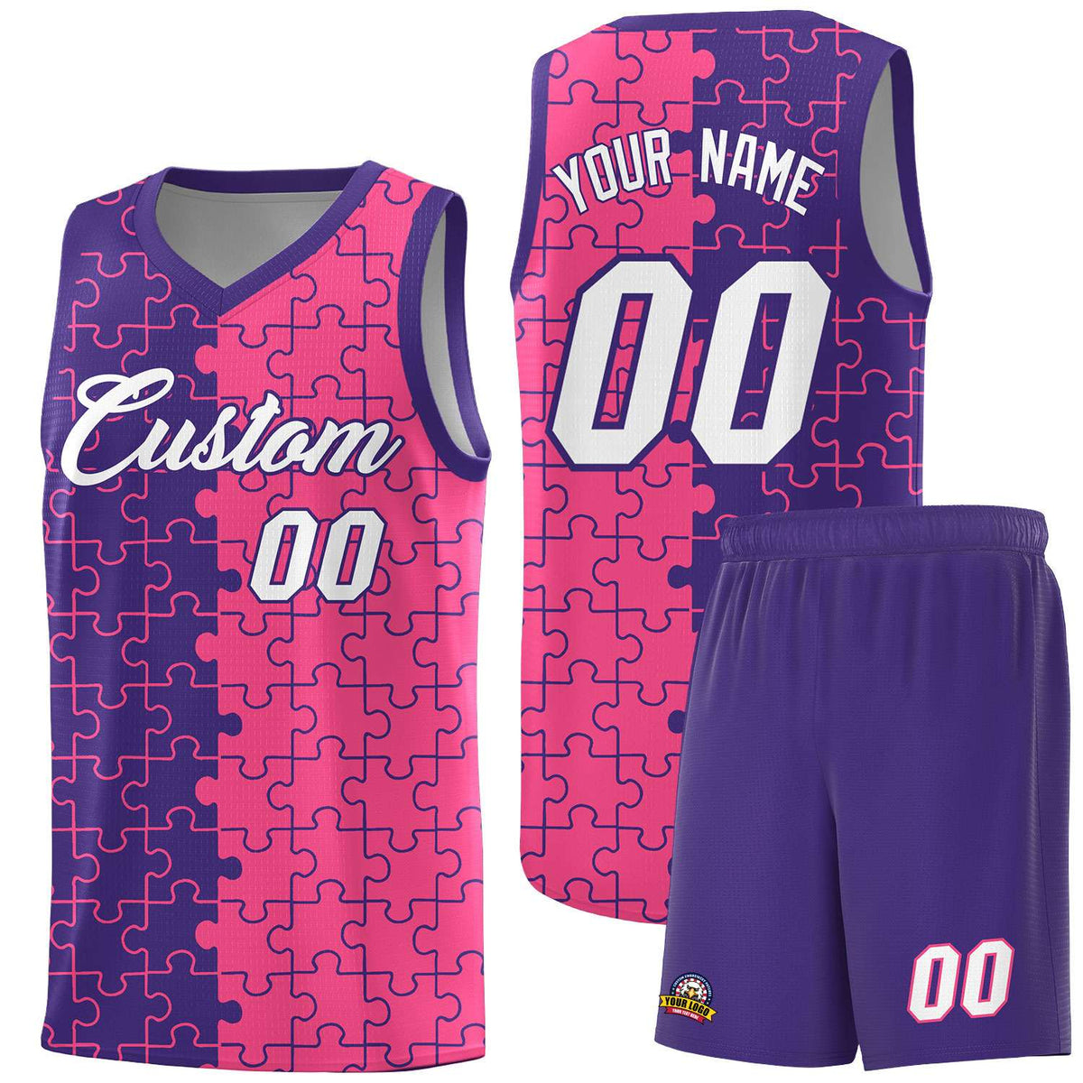 Custom Youth Basketball Jersey Purple Pink Puzzle Pattern Breathable Team Uniform