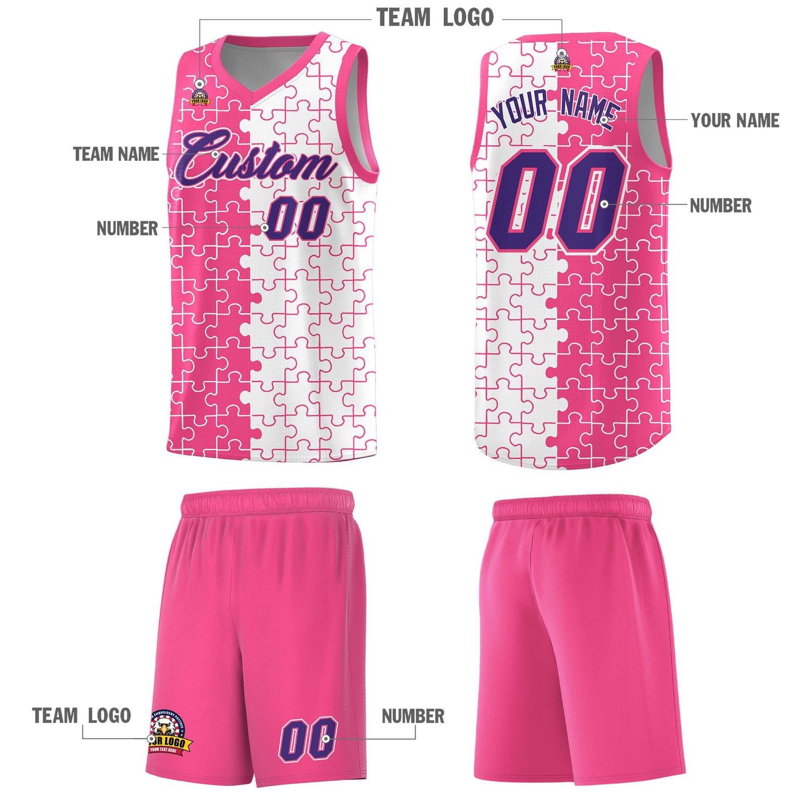 Custom Youth Basketball Jersey Pink White Puzzle Pattern Moisture-Wicking Team Uniform