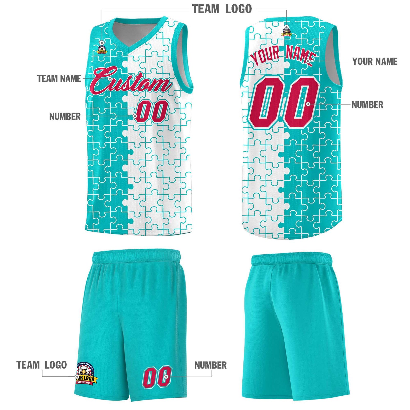 Custom Youth Basketball Jersey Aqua White Puzzle Pattern Personalized Team Uniform