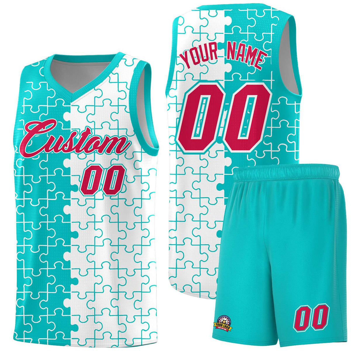 Custom Youth Basketball Jersey Aqua White Puzzle Pattern Personalized Team Uniform