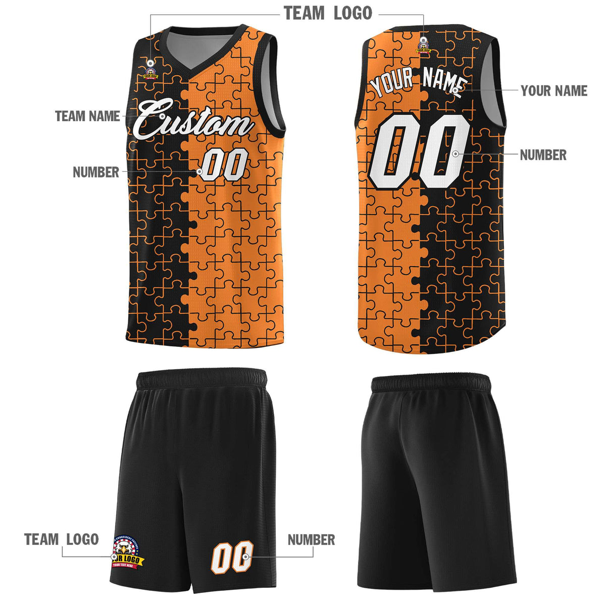 Custom Youth Basketball Jersey Black Gold Orange Puzzle Pattern Add Name, Number &amp; Team Logo