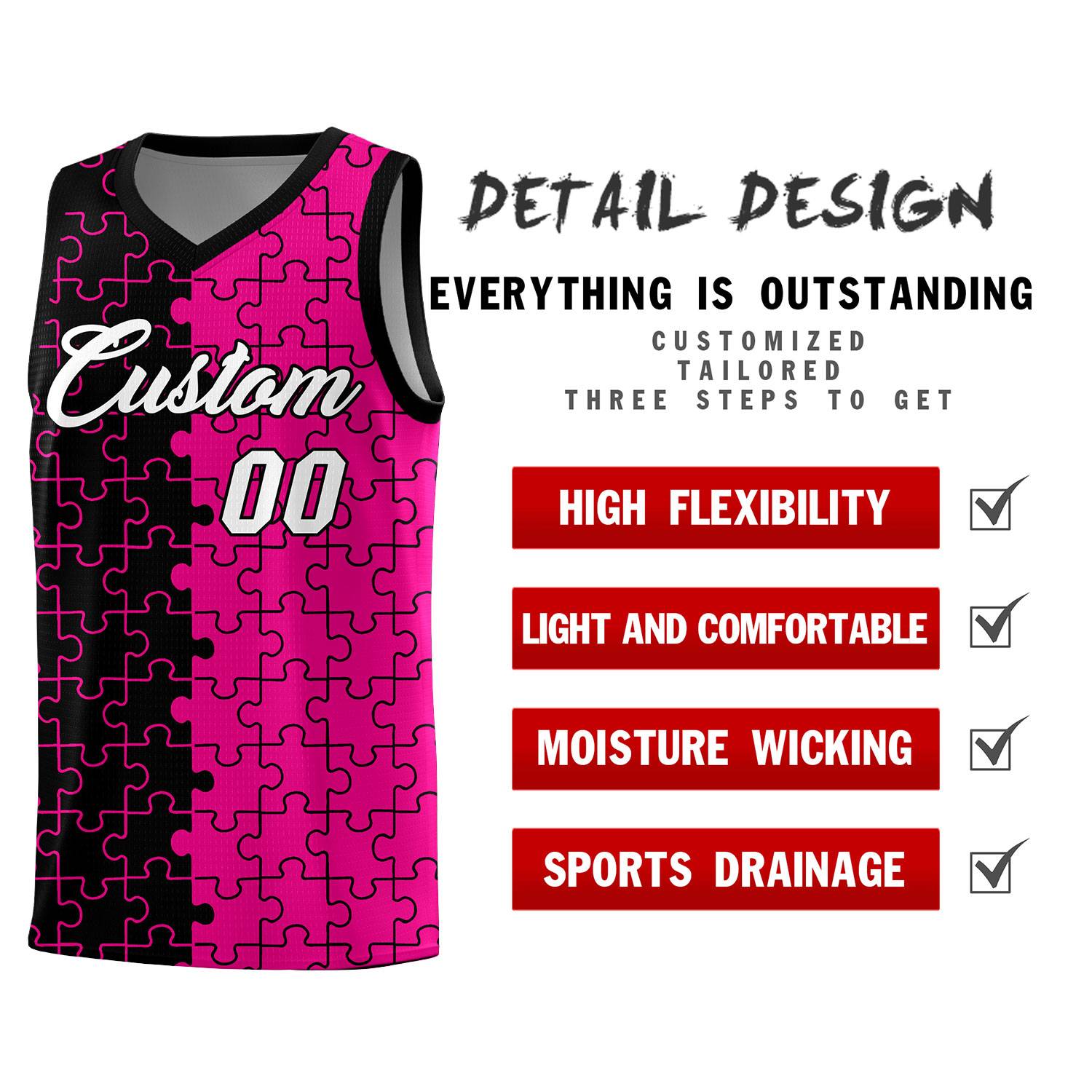 Custom Youth Basketball Jersey Black Pink Puzzle Pattern Moisture-Wicking Team Uniform