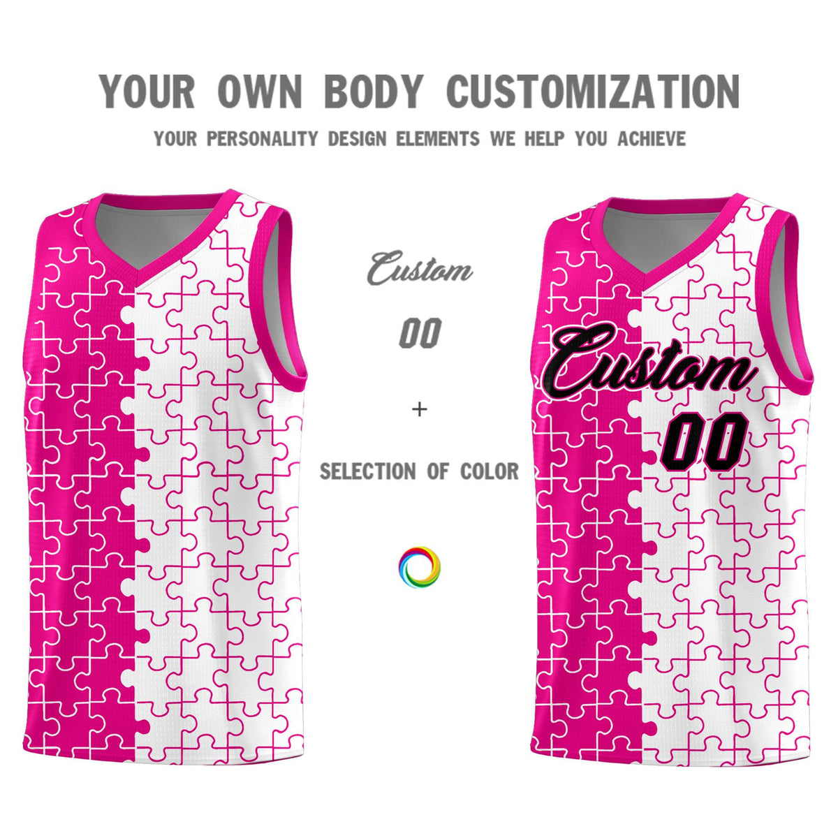 Custom Youth Basketball Jersey Pink White Puzzle Pattern Personalized Team Uniform