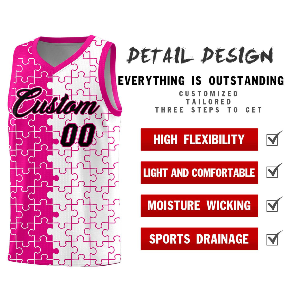 Custom Youth Basketball Jersey Pink White Puzzle Pattern Personalized Team Uniform