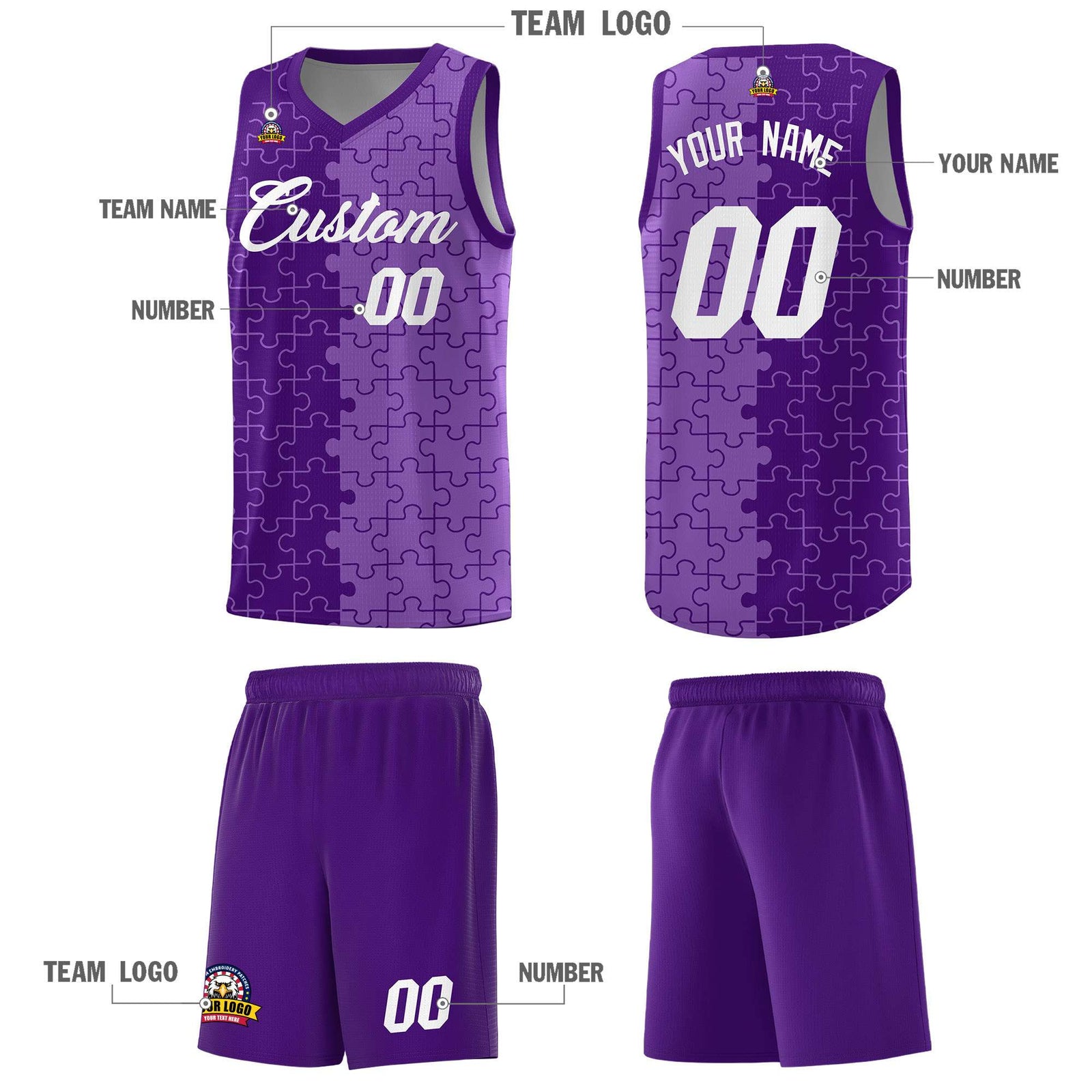 Custom Youth Basketball Jersey Purple Light Purple Puzzle Pattern Add Name, Number & Team Logo