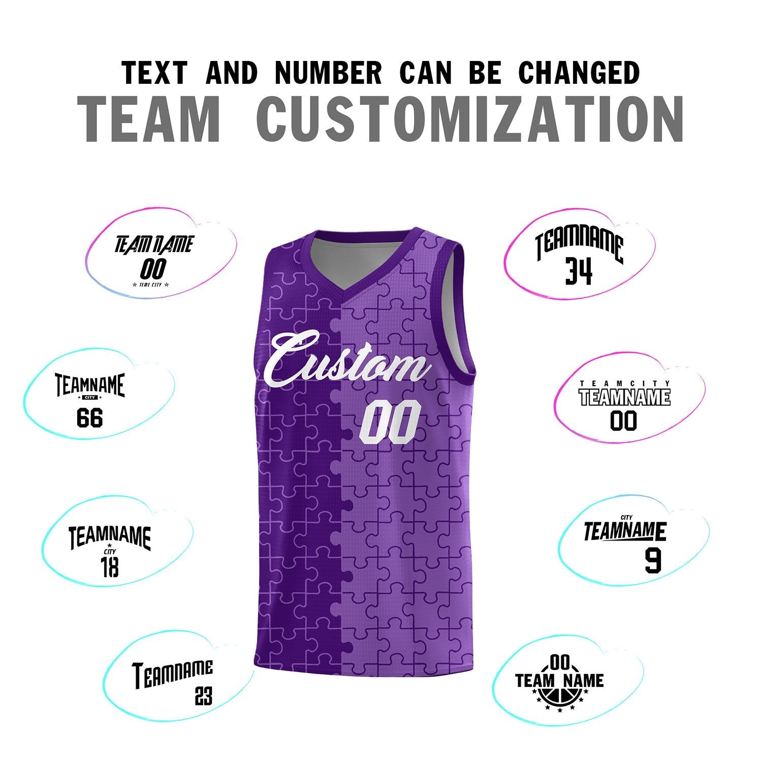 Custom Youth Basketball Jersey Purple Light Purple Puzzle Pattern Add Name, Number & Team Logo