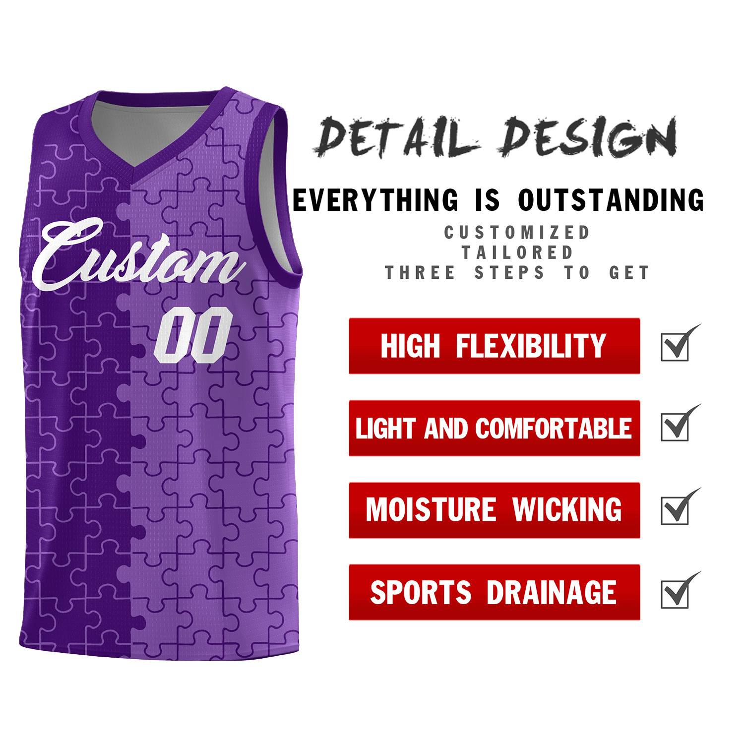 Custom Youth Basketball Jersey Purple Light Purple Puzzle Pattern Add Name, Number & Team Logo