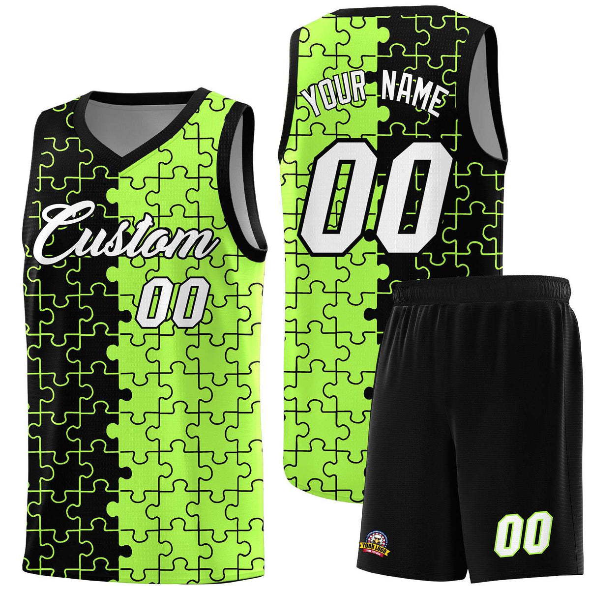 Custom Youth Basketball Jersey Black Puzzle Pattern Moisture-Wicking Team Uniform