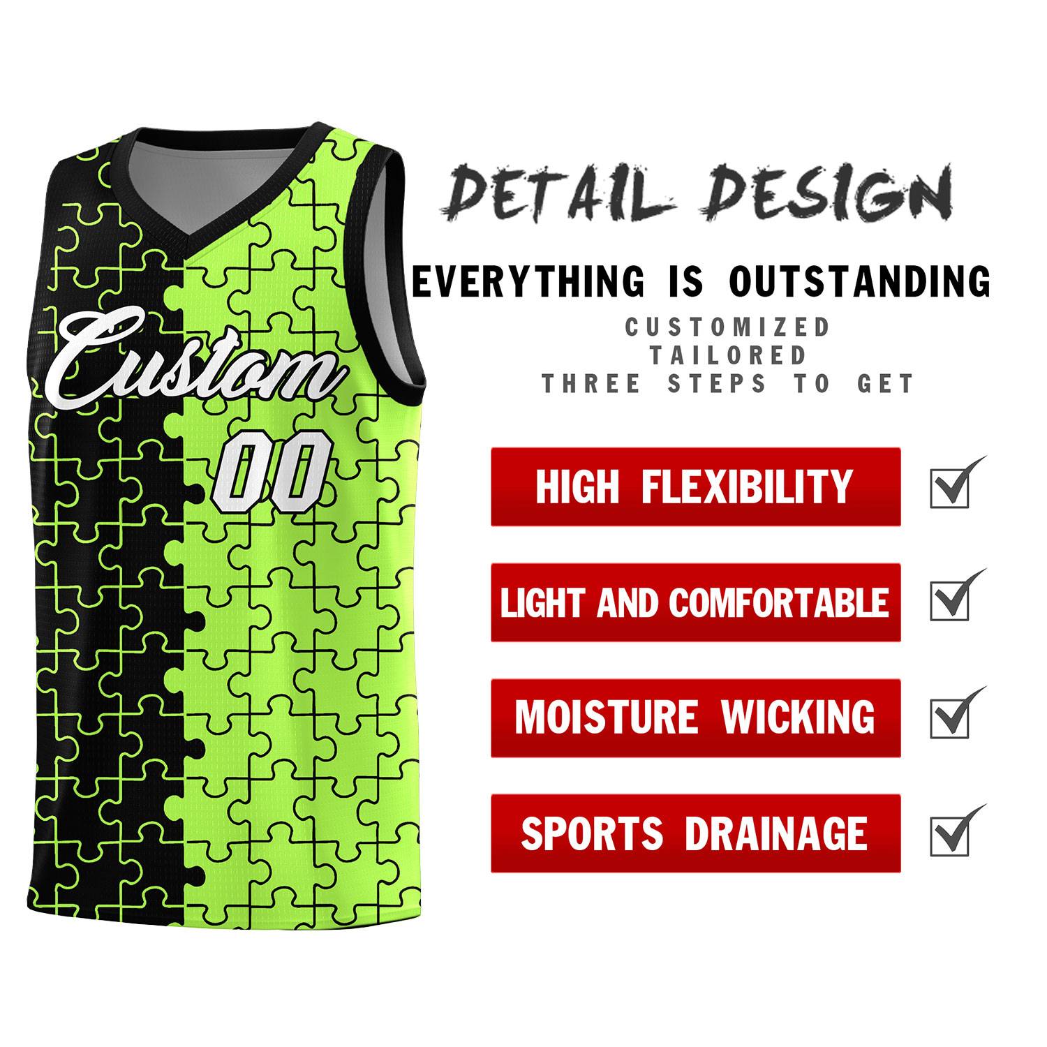 Custom Youth Basketball Jersey Black Puzzle Pattern Moisture-Wicking Team Uniform