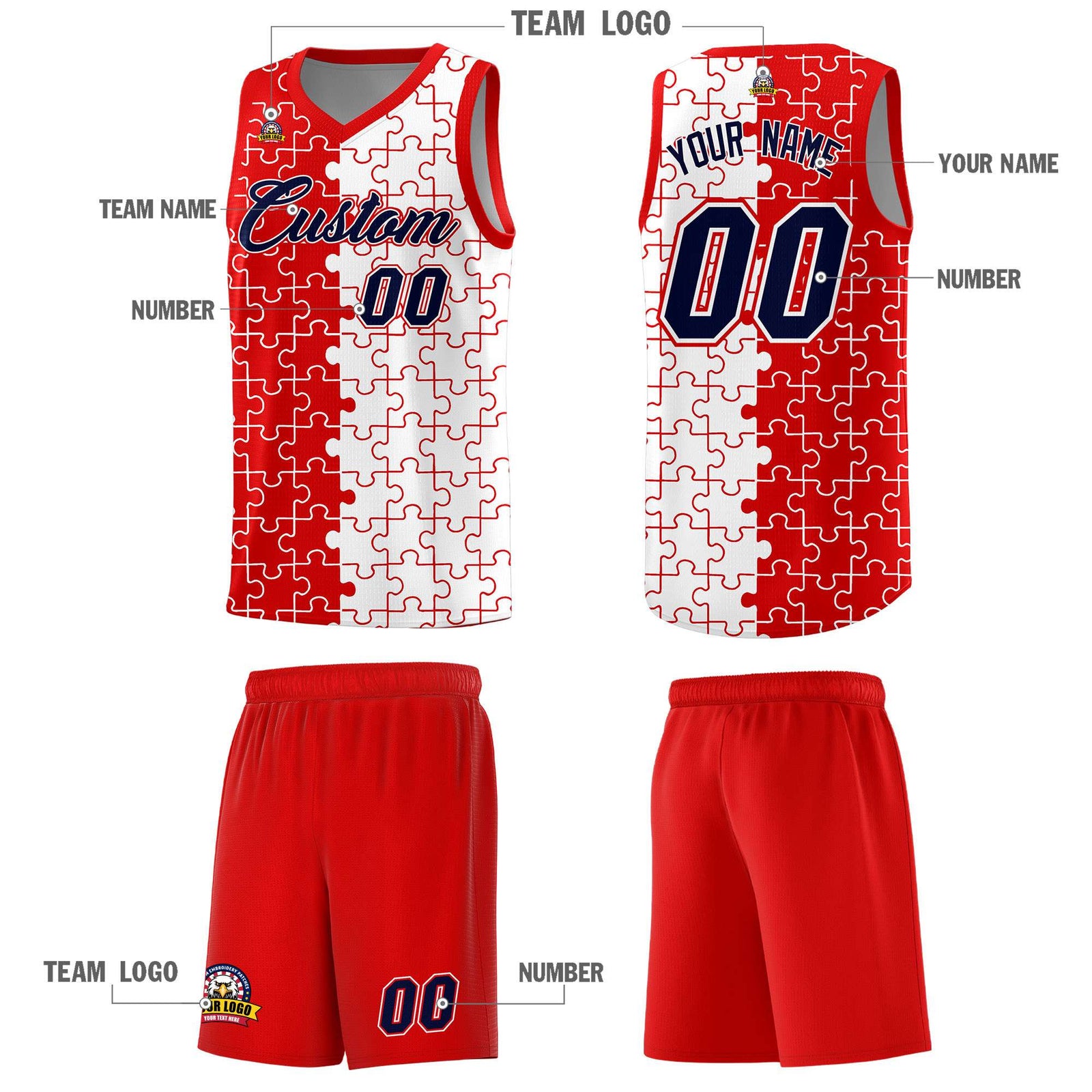 Custom Youth Basketball Jersey Red White Puzzle Pattern Add Name, Number & Team Logo