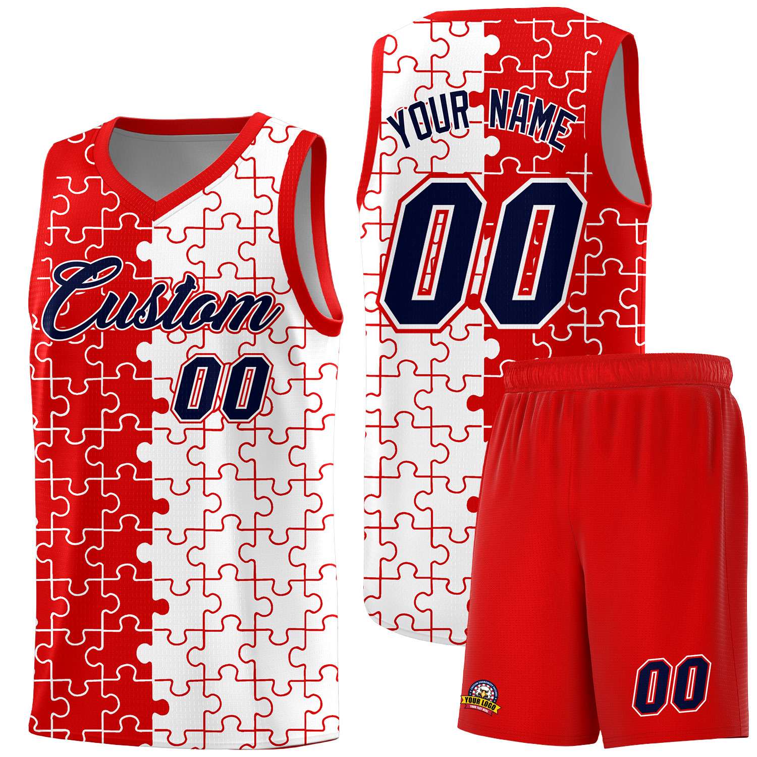 Custom Youth Basketball Jersey Red White Puzzle Pattern Add Name, Number & Team Logo