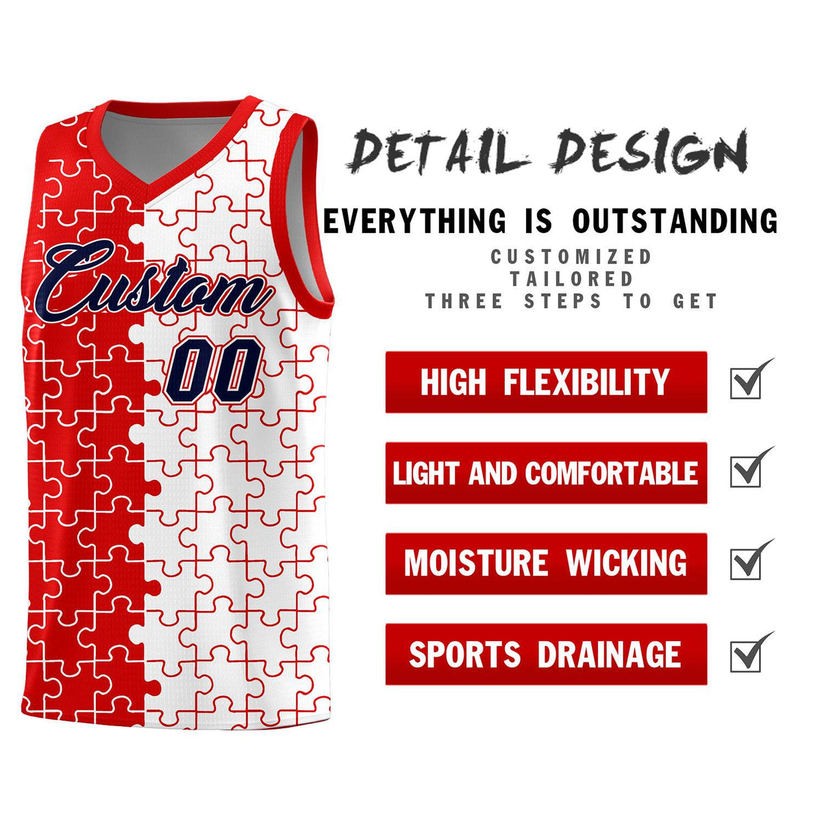 Custom Youth Basketball Jersey Red White Puzzle Pattern Add Name, Number &amp; Team Logo