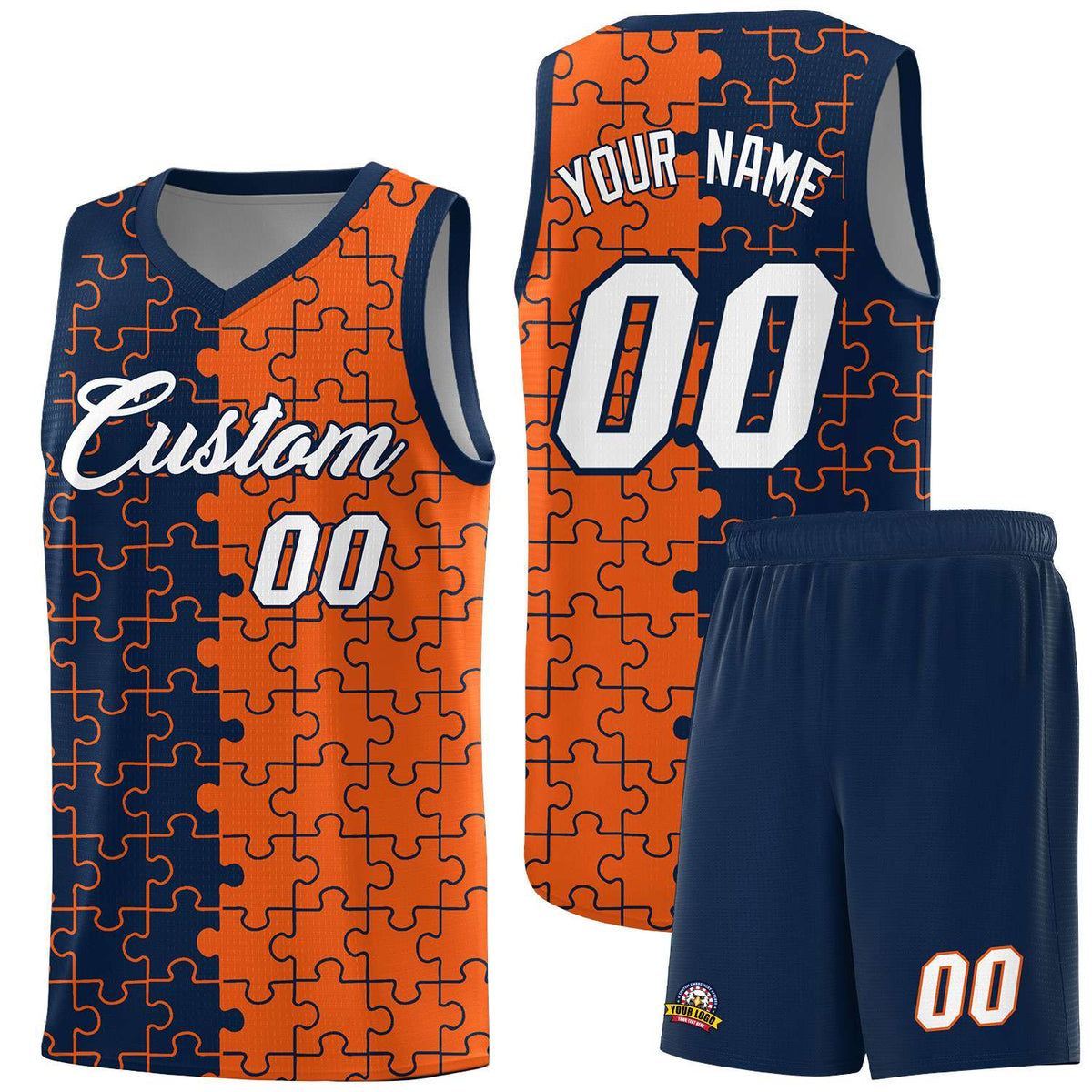 Custom Youth Basketball Jersey Navy Orange Puzzle Pattern Breathable Team Uniform