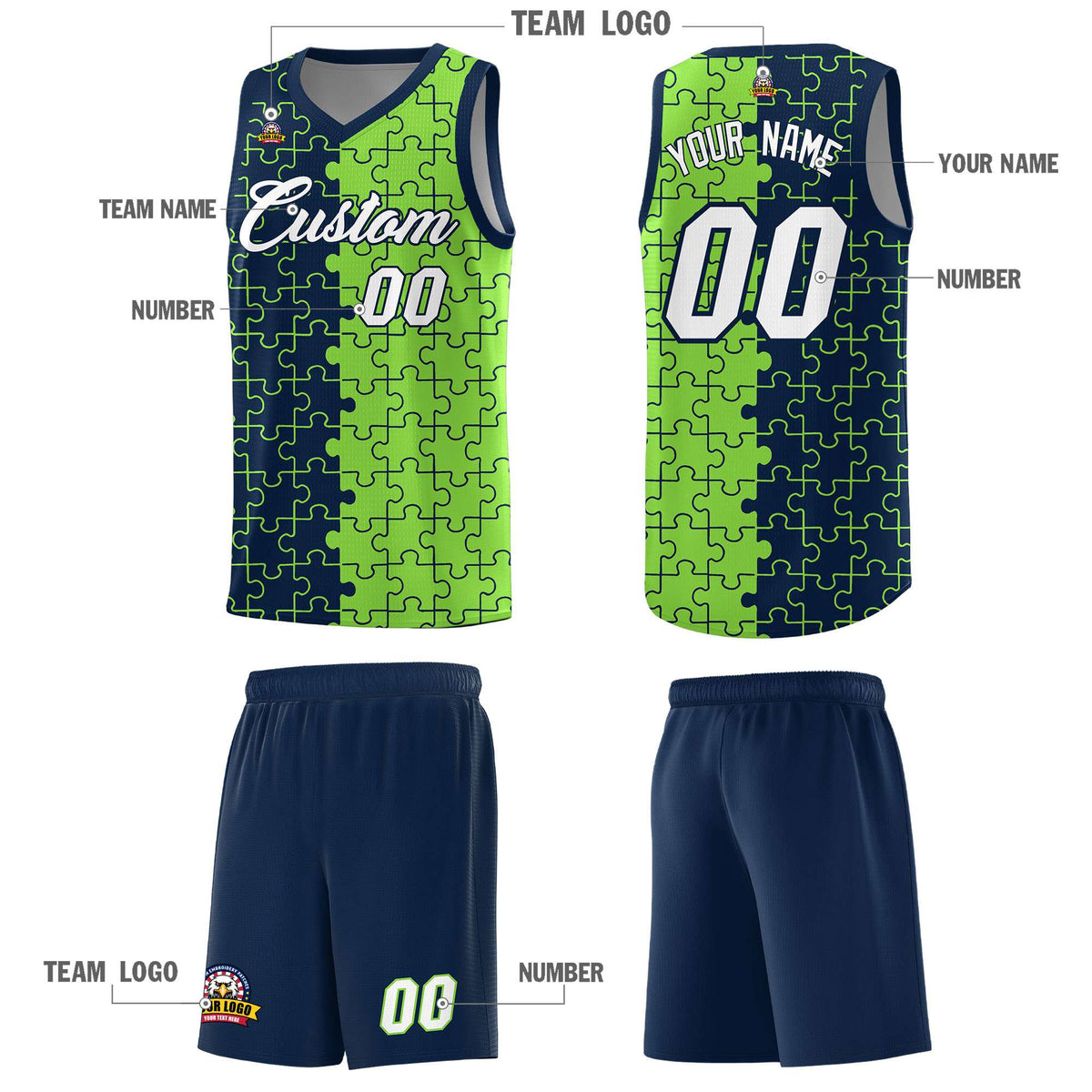 Custom Youth Basketball Jersey Navy Fluorescent Green Puzzle Pattern Moisture-Wicking Team Uniform